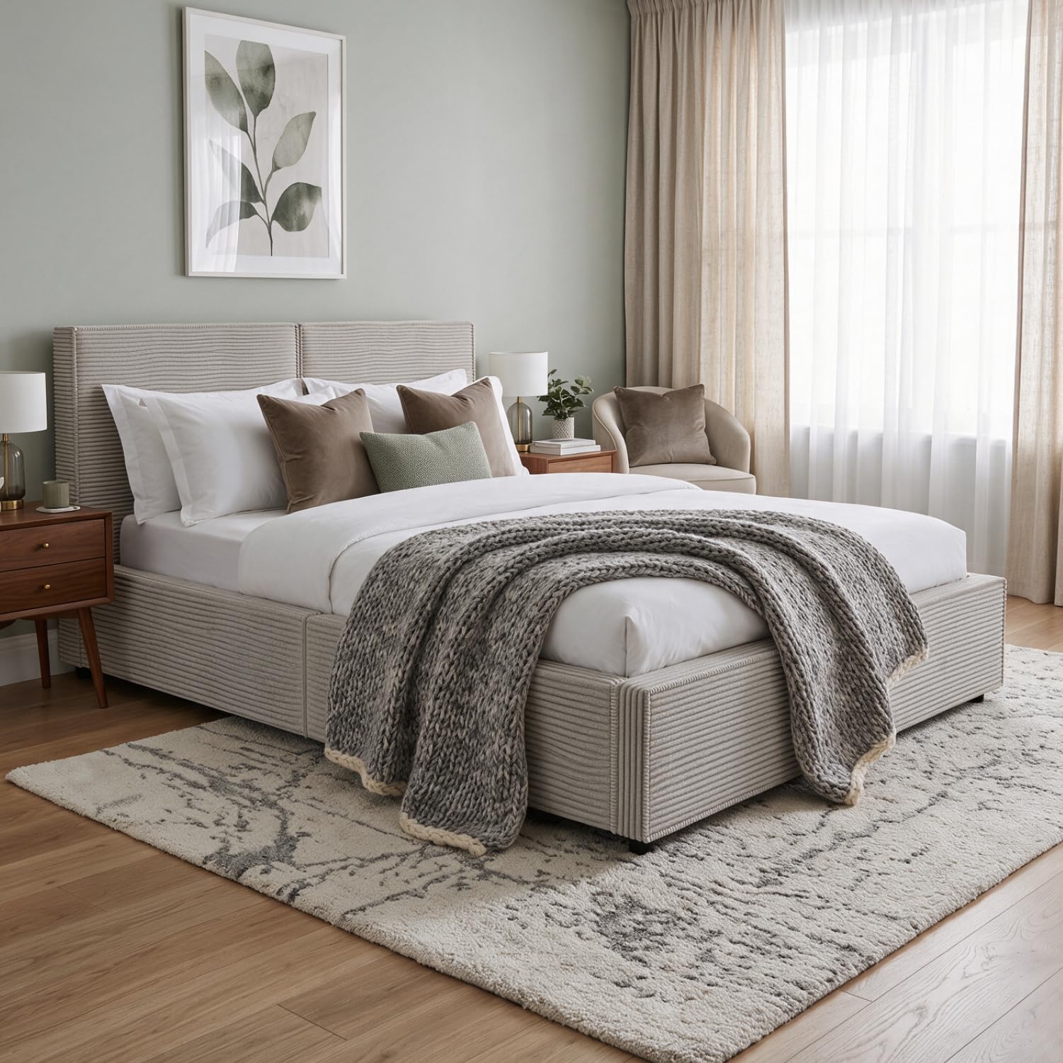 Juskys Polsterbett Salerno 140 x 200 cm – Cord Taupe, modernes Bett mit Kopf- & Fußteil, stabilem Holz- & Metallrahmen, Lattenrost, 500 kg Tragkraft