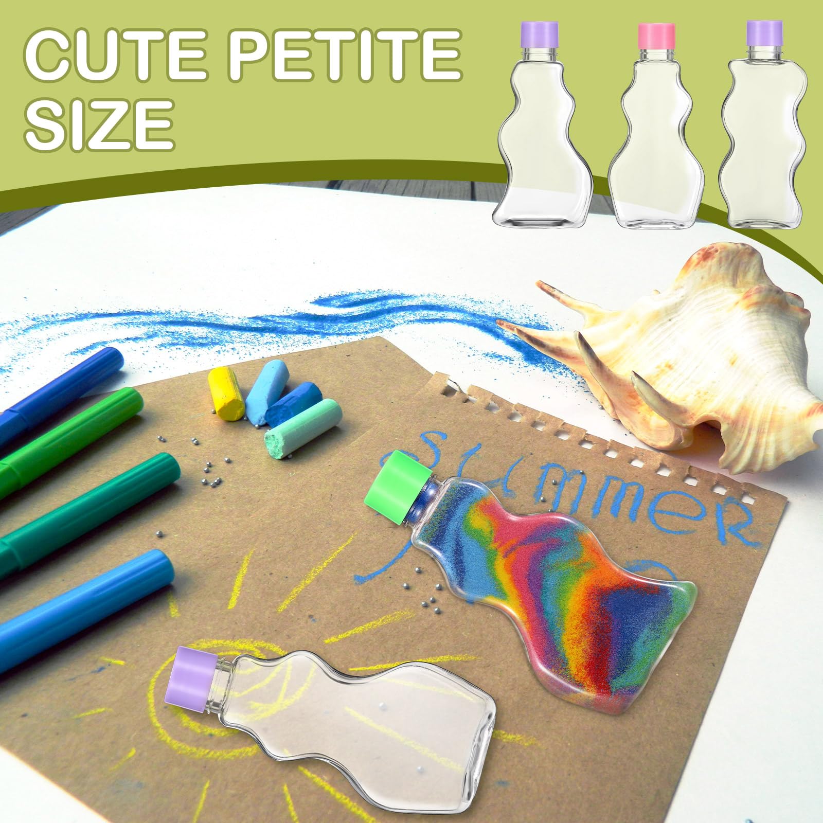 Mumufy 60 Stück Kunststoff-Sandkunst-Flaschen für Kinder, 70 ml, Sandkunst-Behälter für Sandkunst, Hochzeitseinladungen, Bastelbedarf, Mädchendekorationen, 3 Stile (bunt, Kunststoffkappe)