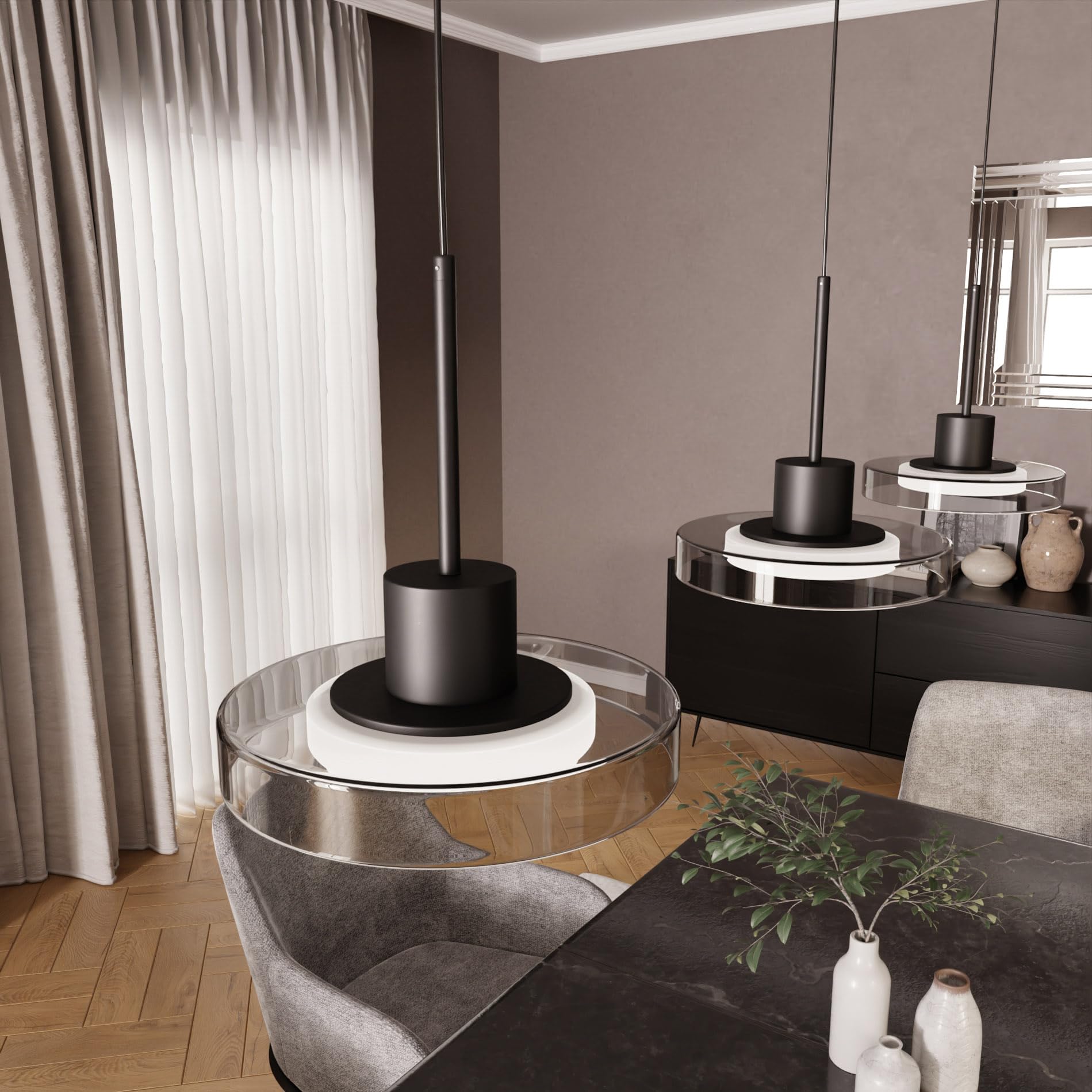 Pendelleuchte Volos, Glas Hängelampe 3-flammig, LED, dimmbar | modernes Design, Esstischlampe, höhenverstellbar, 110 cm Länge, Schwarz, Fernbedienung, 3000-6000K, Nachtlicht, Timerfunktion