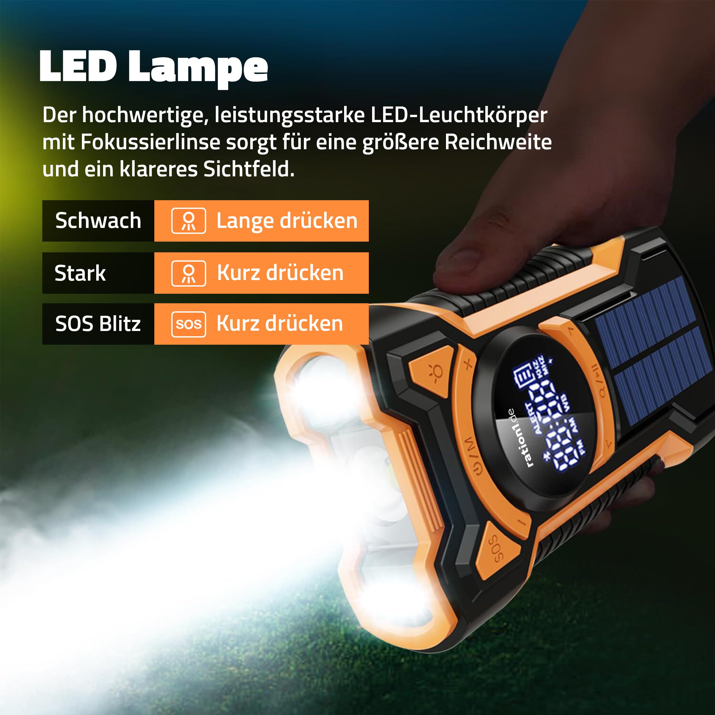 ration1 Kurbelradio mit Solar und Powerbank – Notfallradio mit 5000 mAh, Bluetooth, SOS-Alarm & LED Taschenlampe | AM/FM/WB | IPX5 Spritzwasserfest | Stoß- & Staubgeschützt | Camping Outdoor Blackout