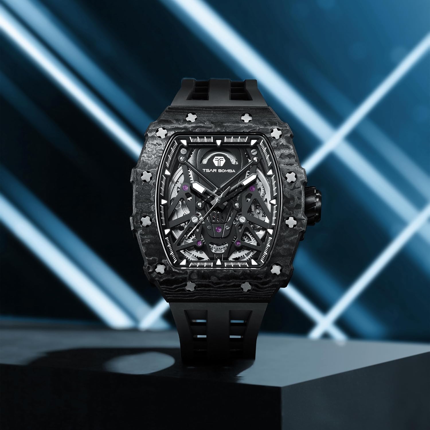 TSAR BOMBA Men's Mechanical Watch Luxury Skeleton Analogue Watches for Men 50M Waterproof Tonneau Work Mens Wrist Watch Original Design Square Big Face Cool Wristwatch Silicone Strap