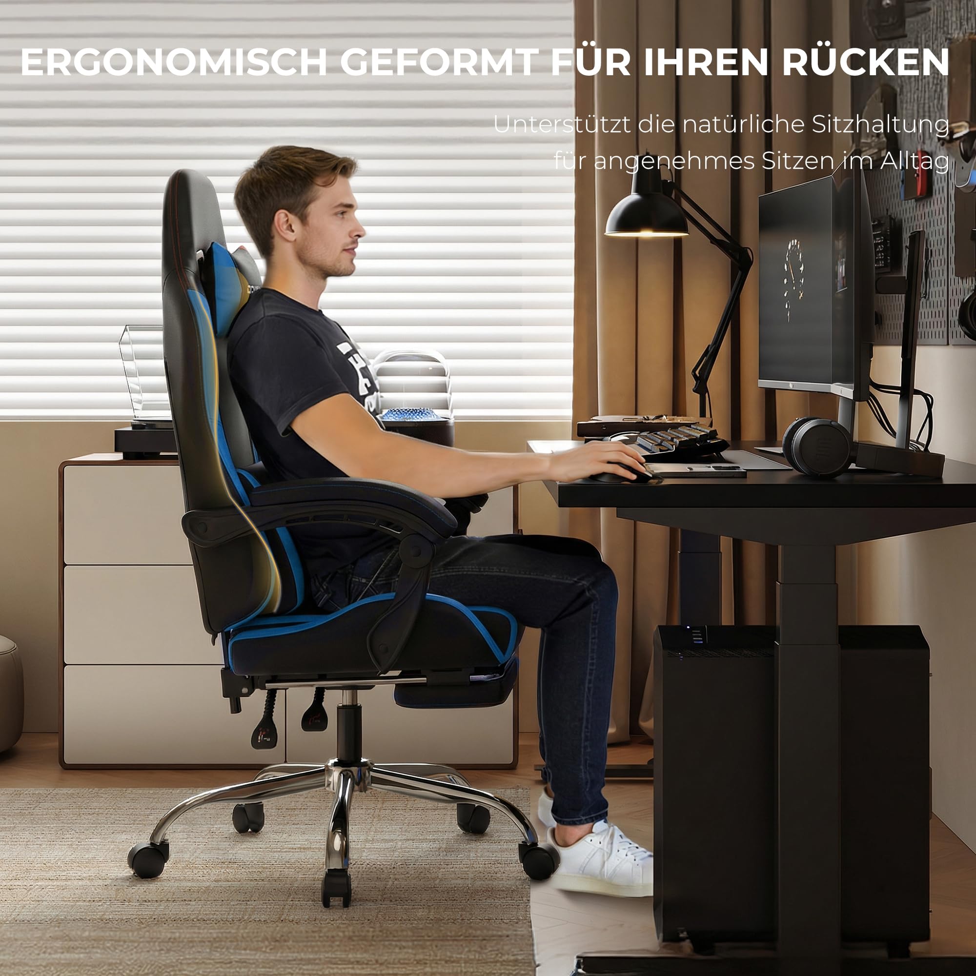 Dowinx Fotel gamingowy, ergonomiczne krzesło dla graczy z podnóżkiem, krzesło biurowe do biura i biura domowego, oparcie regulowane do 150°, obciążenie do 180 kg, niebieskie
