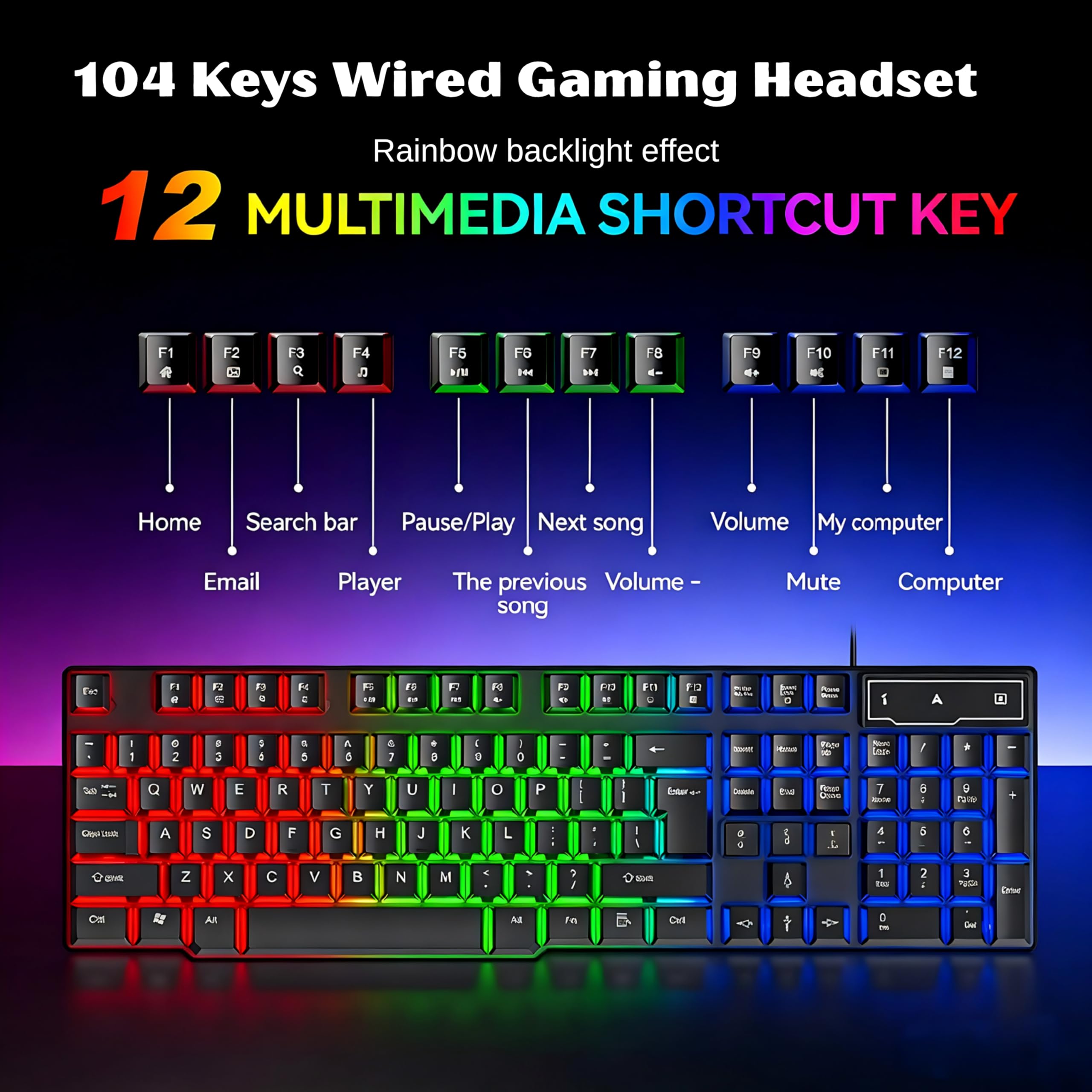 T Wolf TF800 zestaw combo gamingowy, 104 przyciski, klawiatura RGB z podświetleniem, 4-kolorowa, oddychająca mysz świetlna, zestaw słuchawkowy do gier 3,5 mm, antypoślizgowa podkładka pod mysz