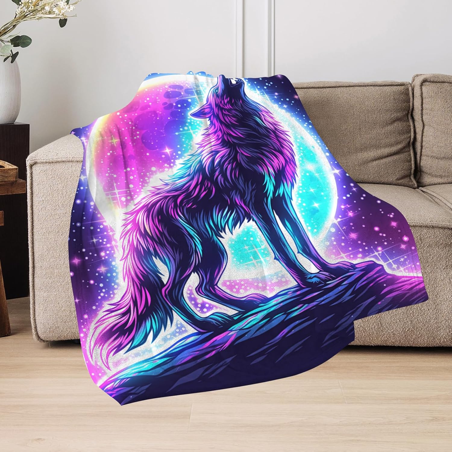 GNEW Galaxy Wolf Moon Blanket - Soft Plush Starry Star Sparkle, Unique Kids Birthday Gift, Blue Pink Galaxy Wolf, 50"x40" - Image 2