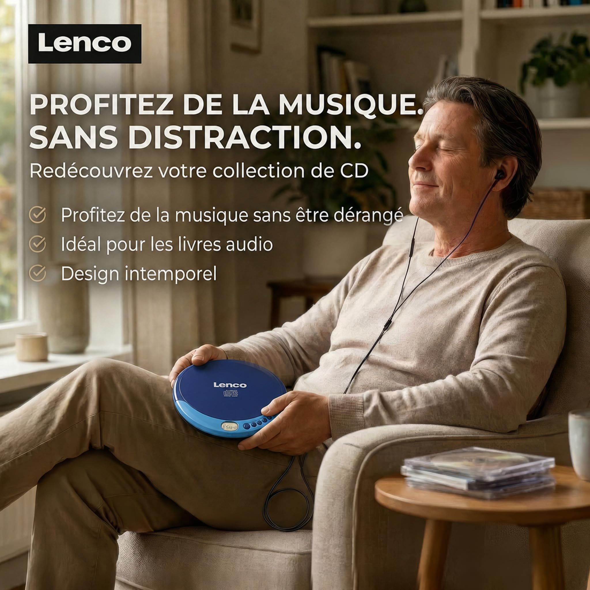 Lenco CD-011 - Lecteur CD portable avec fonction de recharge de la batterie -Diskman - CD Walkman - Avec écouteurs et câble de recharge micro-USB - Écran LCD - Bleu
