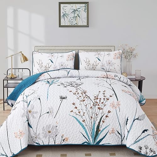 Miniatura 8 de Dobuyly Juego de edredón floral tamaño Queen, edredón reversible de flores botánicas blancas de 3 piezas, juego de ropa de cama de microfibra suave