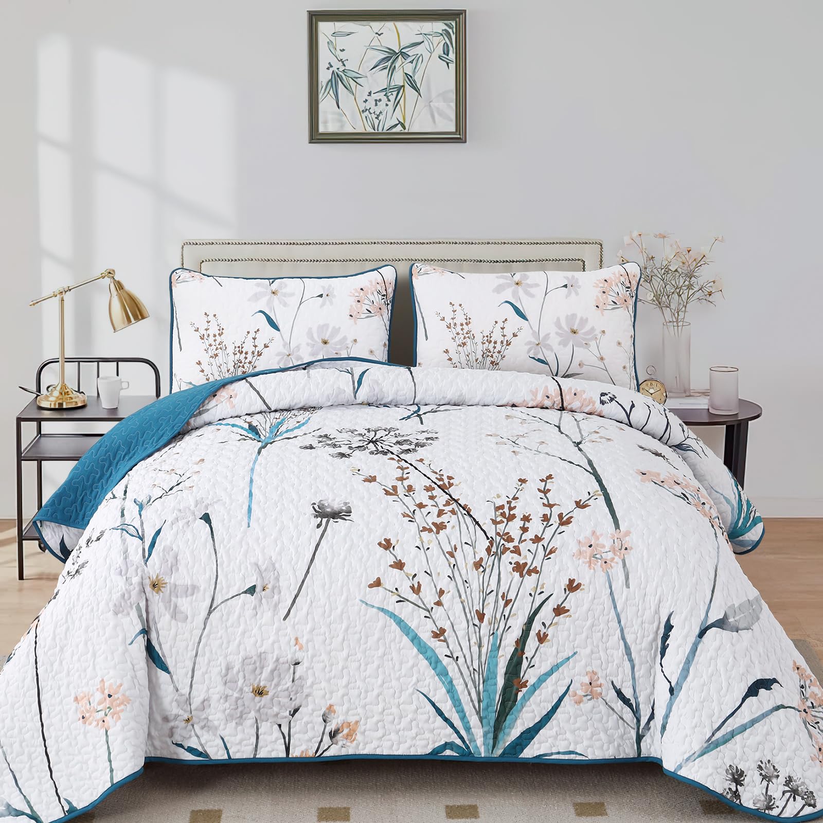 Dobuyly Teal Floral Quilt Set