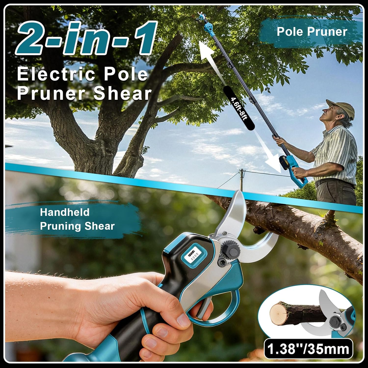 cordless electric pruning shears: 2-in-1 pole pruner with 21v 2×2000mah batteries, 14ft reach, 1.9" opening diameter, 1000w brushless branch cutter, sk5 blade + extra blade for gardening trimming