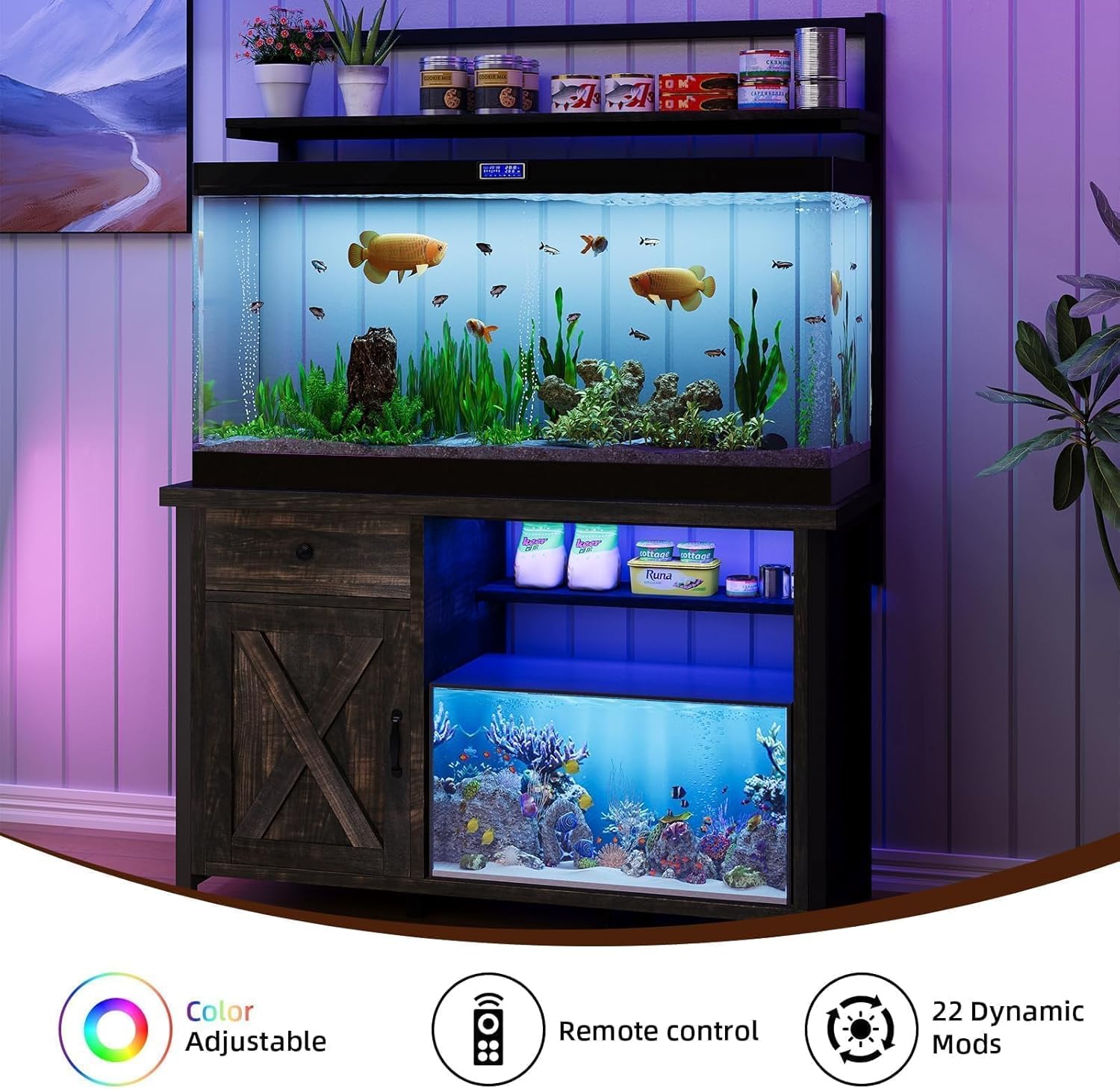 55-75 Gallon Fish Tank Stand with Power Outlet, Led Light, Heavy Duty Aquarium Stand with Cabinet for Fish Tank Accessories Storage, Shelf, for Turtle Tank, Reptile Terrarium, 1100 LBS (Oak)