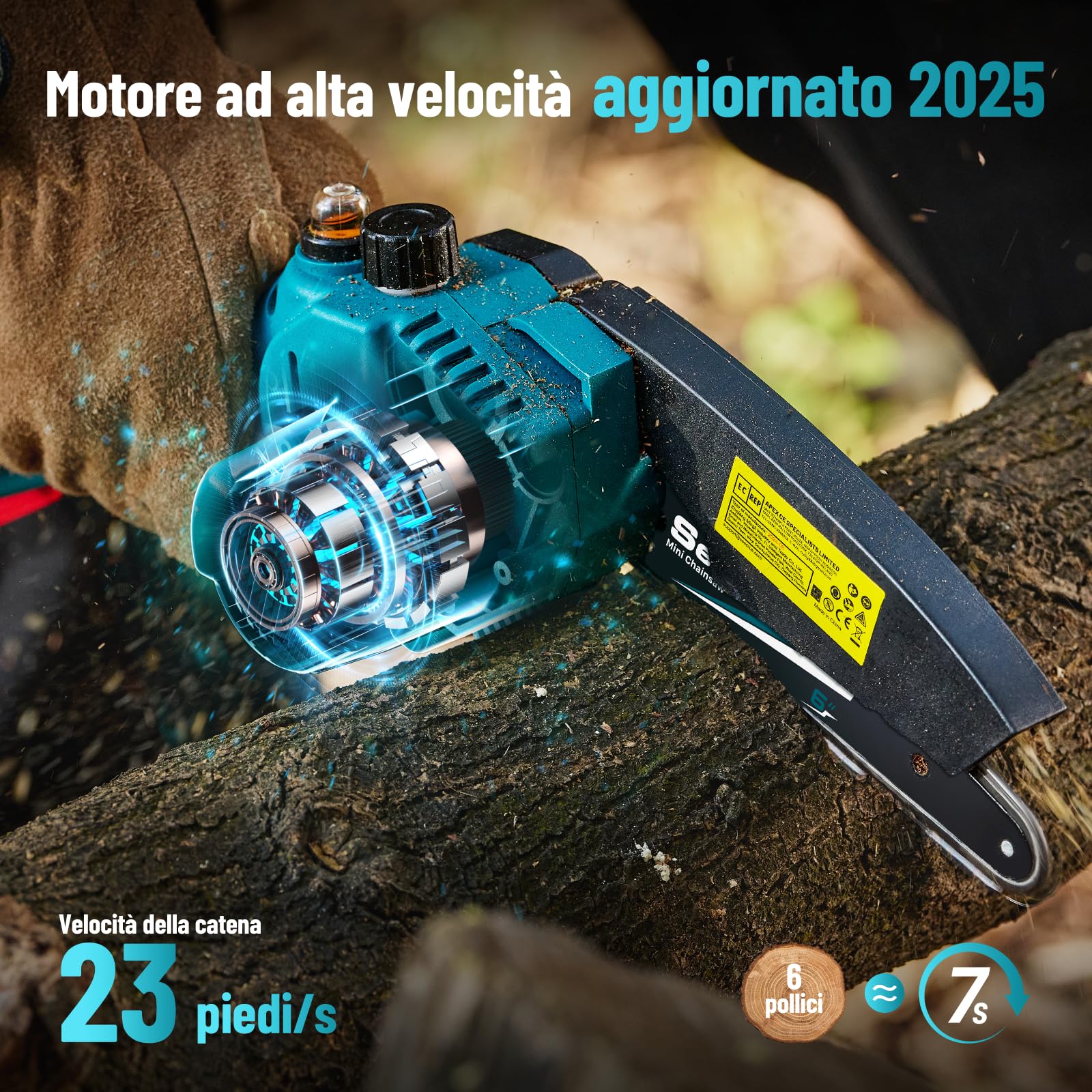 Mini Motosega a Batteria Portatile, SEESII Sega a Batteria da 6 Pollici con Caricatore, 2 Batterie e Oliatore Automatico, Motosega Elettrica per Giardinaggio, CH610