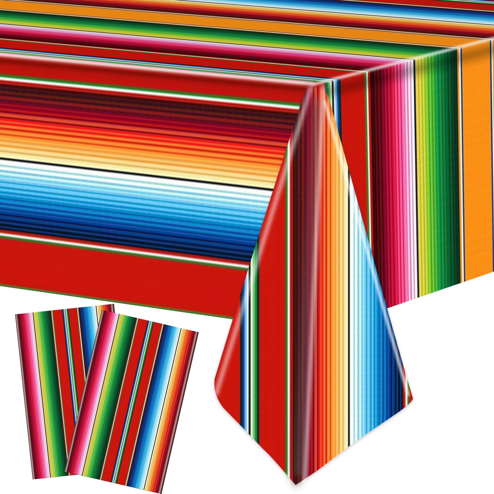 Photo 1 of 2 PCS Mexican Fiesta Plastic Tablecloth 108 x 54 Inch Mexican Striped Disposable Table Covers Waterproof Cinco De Mayo Rectangle Party Table Cloth for Fiesta Taco Mexico Themed Birthday Party Supplies