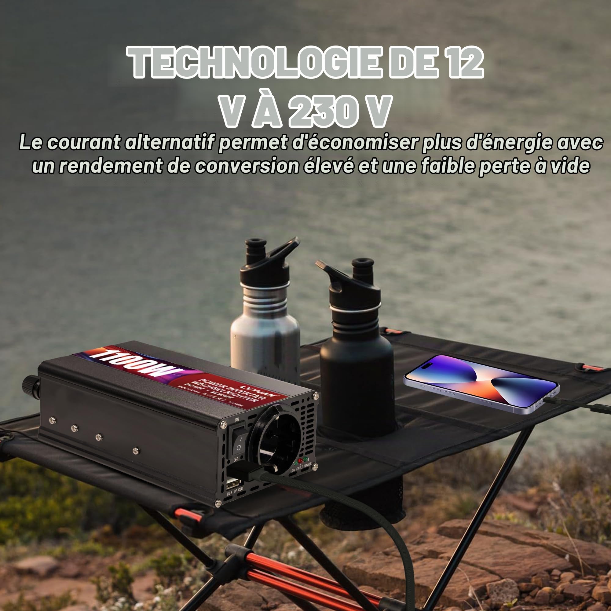 LVYUAN Convertisseur 12V 220V 1100W/ 2000W DC à AC Convertisseur de Puissance Voiture Onduleur Inverter Transformateur avec 2 Ports USB