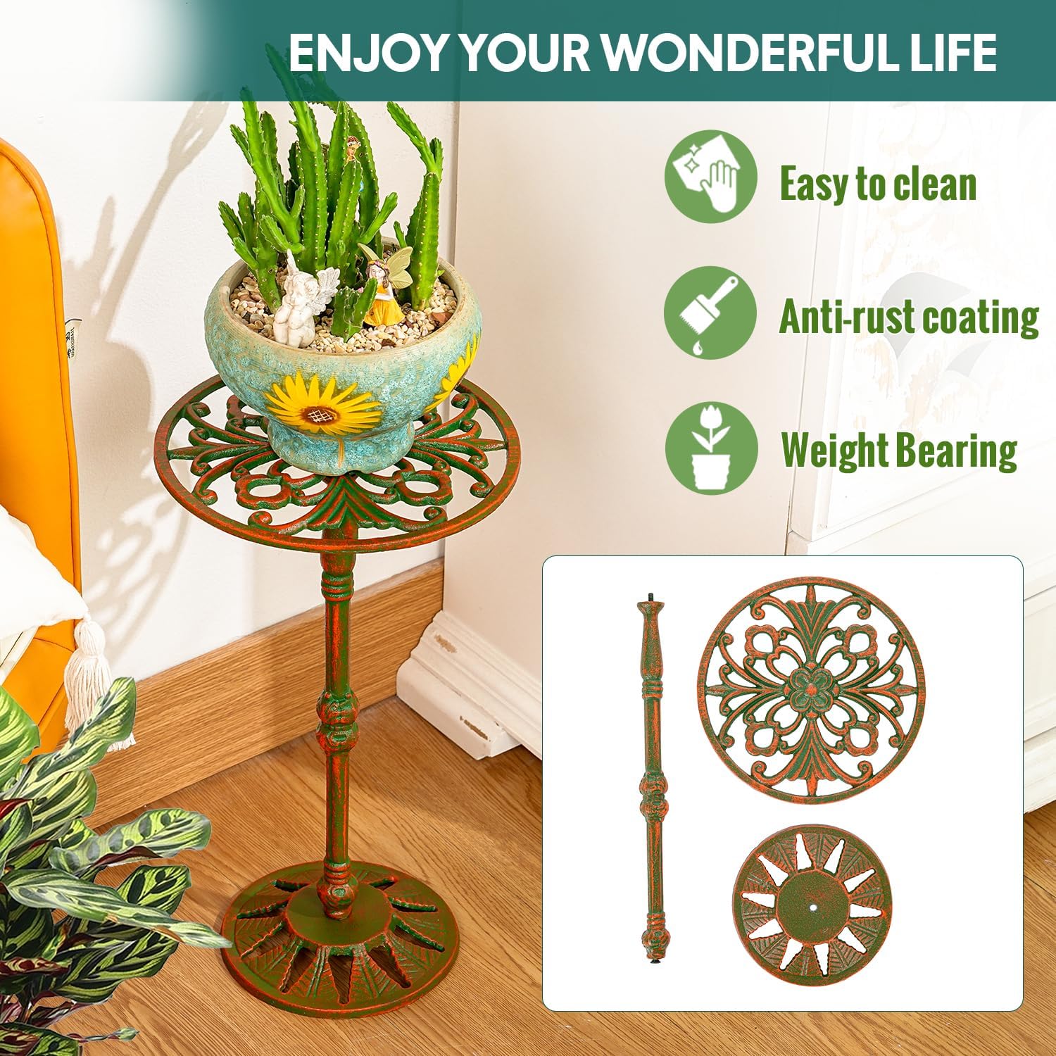 Sungmor Vintage Cast Iron Potted Plant Stand,16" Inch Tall Metal Plant Stand,Heavy Duty Ornate Indoor Outdoor Flower Pot Holder for Garden, Patio, Balcony Decor