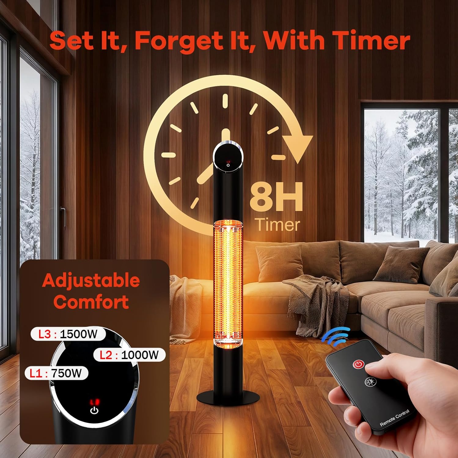 Portable Infrared Heater, Outdoor Electric Patio Heater, Heaters for Outdoor/Indoor Use, Standing Heaters for Patio, Garage, Backyard, 1500W, Black
