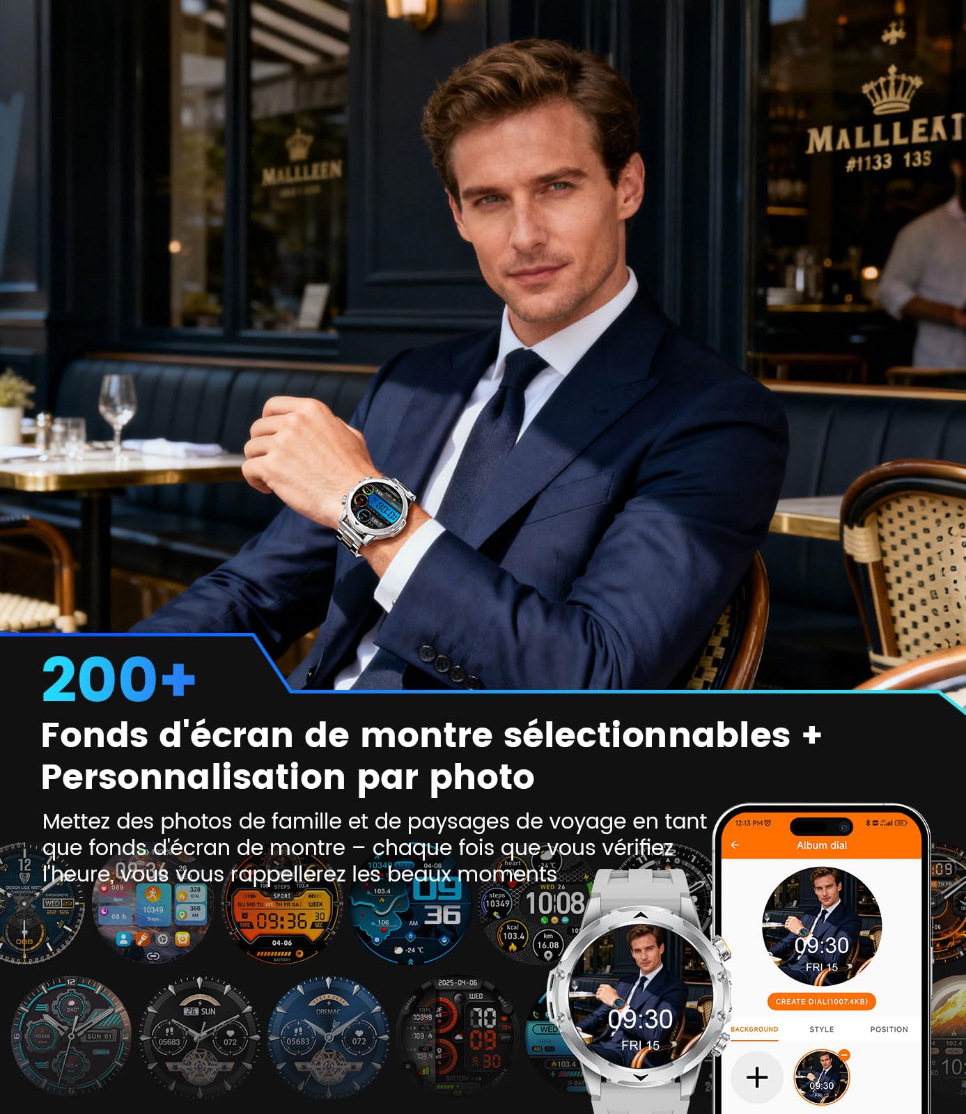 Montre Connectée Homme avec 1000mAh/3 Bracelets/1,53'' HD Grand Écran/LED Lampe,Smartwatch Homme avec Moniteur de Fréquence Cardiaque et Sommeil/110+ Modes Sportifs, Android iOS, Argenté