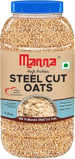 Manna Steel Cut Oats 1.5 Kg | Gluten Free | Diabetic Friendly | High Protein & Fibre 1.5kg (Pack of 1)