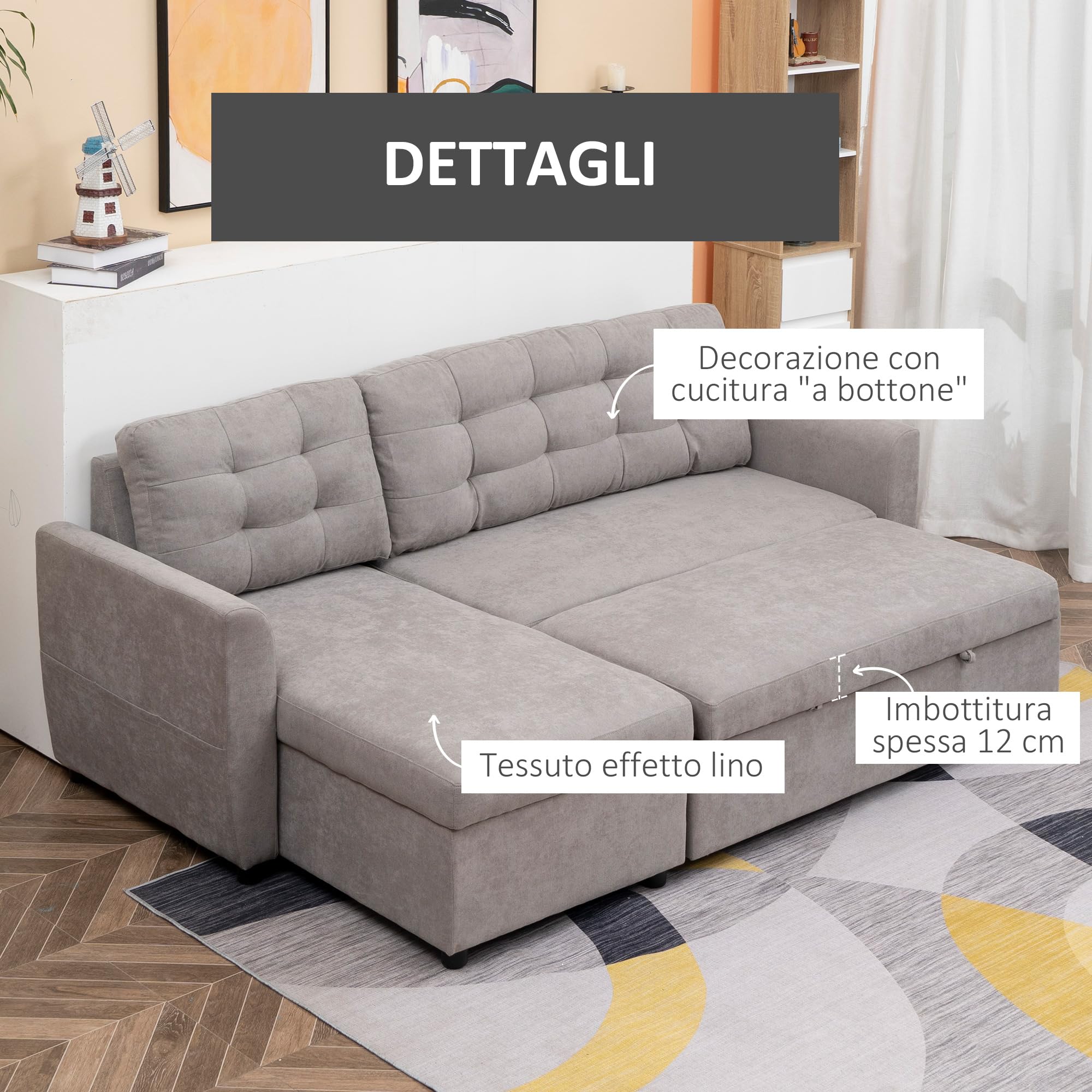 HOMCOM Divano Letto Angolare 3 Posti con Chaise Longue 217x134x85cm Grigio | Contenitore, Rivestimento Effetto Lino