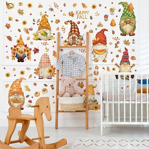 Miniatura 5 de Whaline Calcomanías de pared de otoño, gnomos de acuarela, calcomanías artísticas de pared de hojas de arce coloridas, calabaza, girasol,