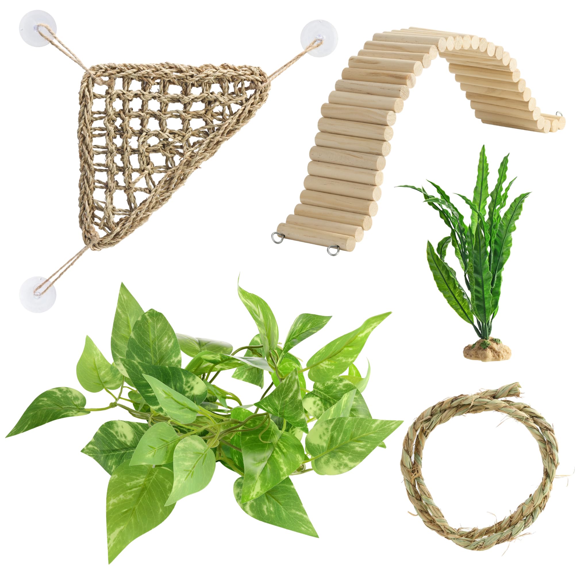 Navaris Zestaw 5 akcesoriów do terrarium z brodą, hamak trójkątny, linka 50 cm, dwie rośliny, drewniany most, pasuje dla gadów