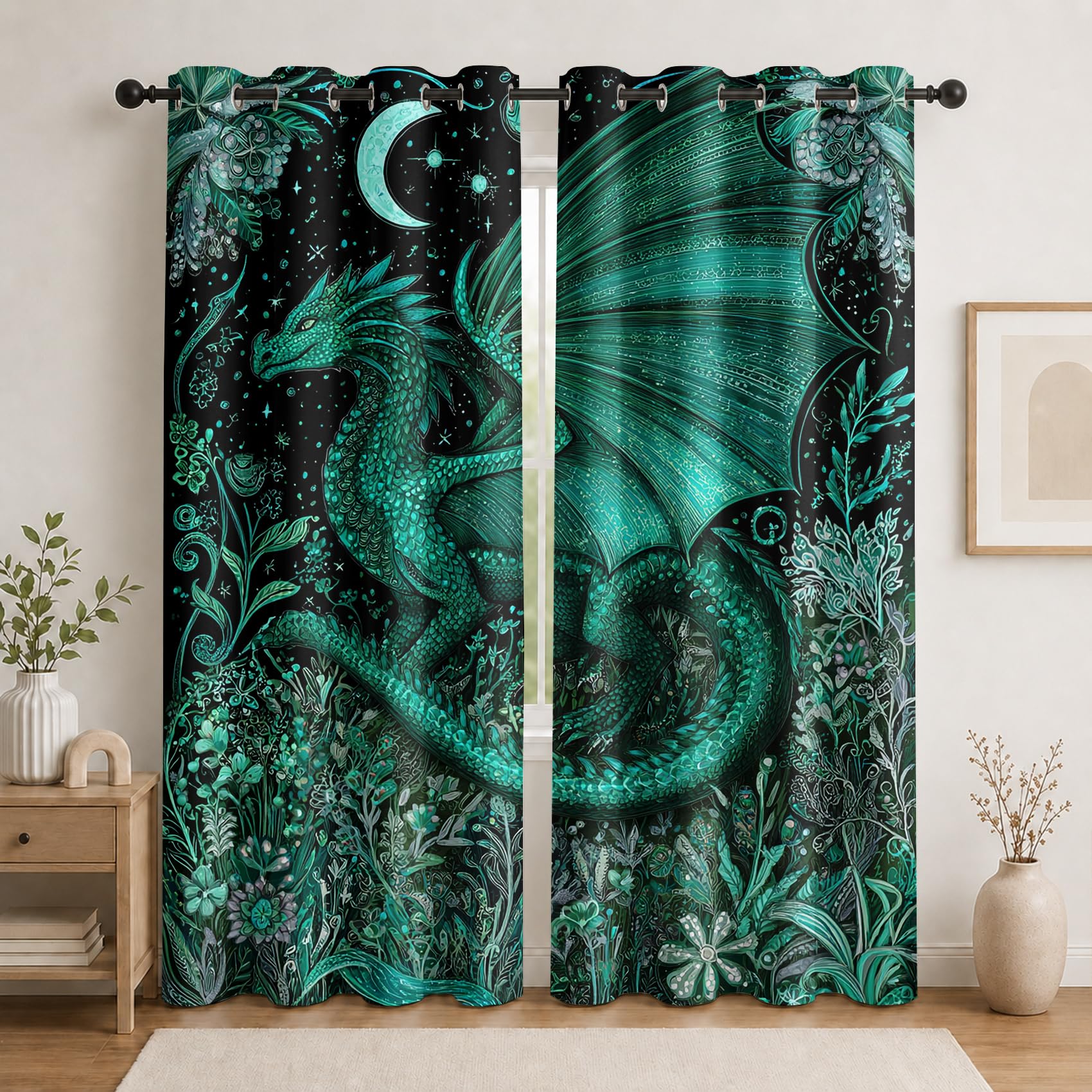 Rideau Occultant Dragon Vert Rideaux Thermiques Motif Botanique pour Salon Chambre, Lot de 2 Rideaux et Draperies Intérieurs à Oeillets, 140x160 cm (LxH)