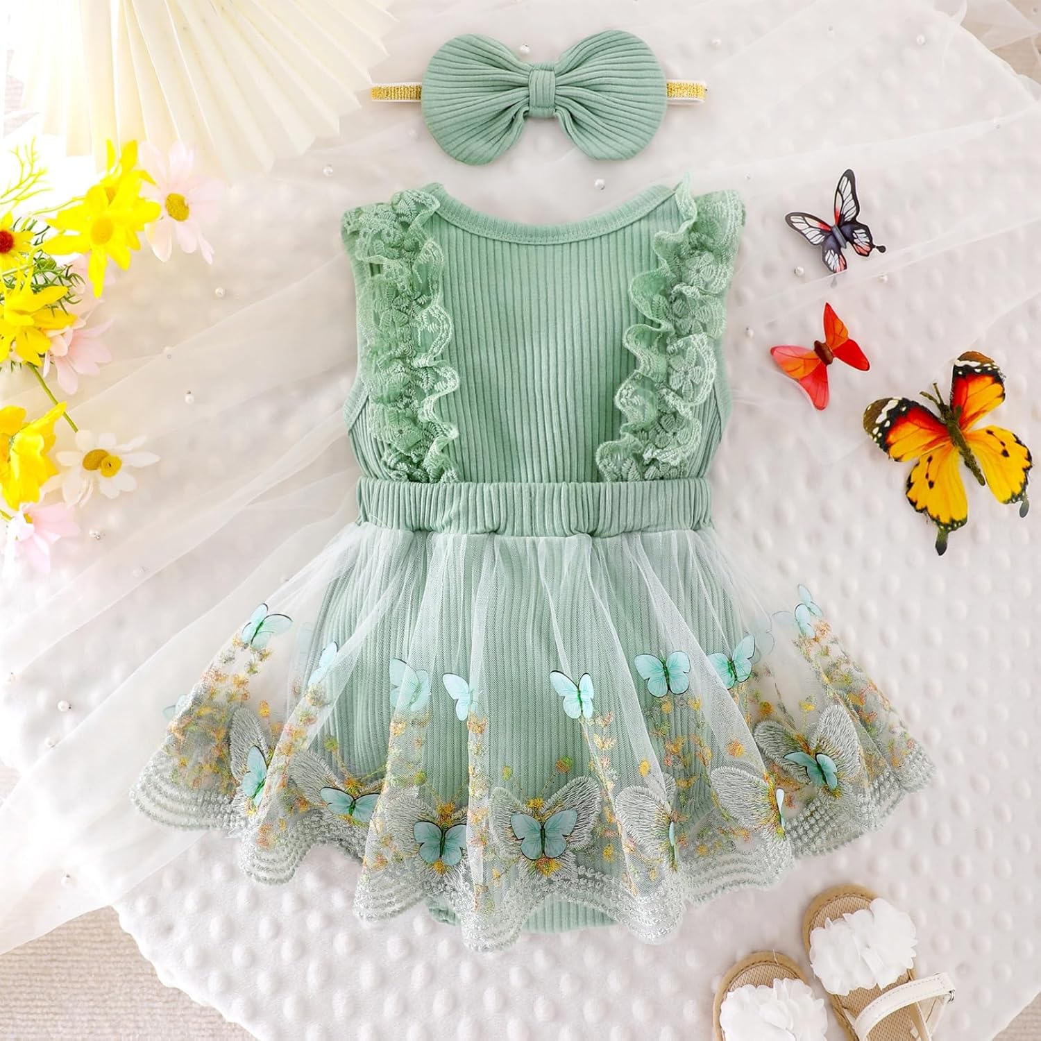 Baby Girl Clothes Infant Summer Outfits Cute Butterflies Mesh Ruffle Sleeveless Romper Headband Set 0-12 Months - Image 4