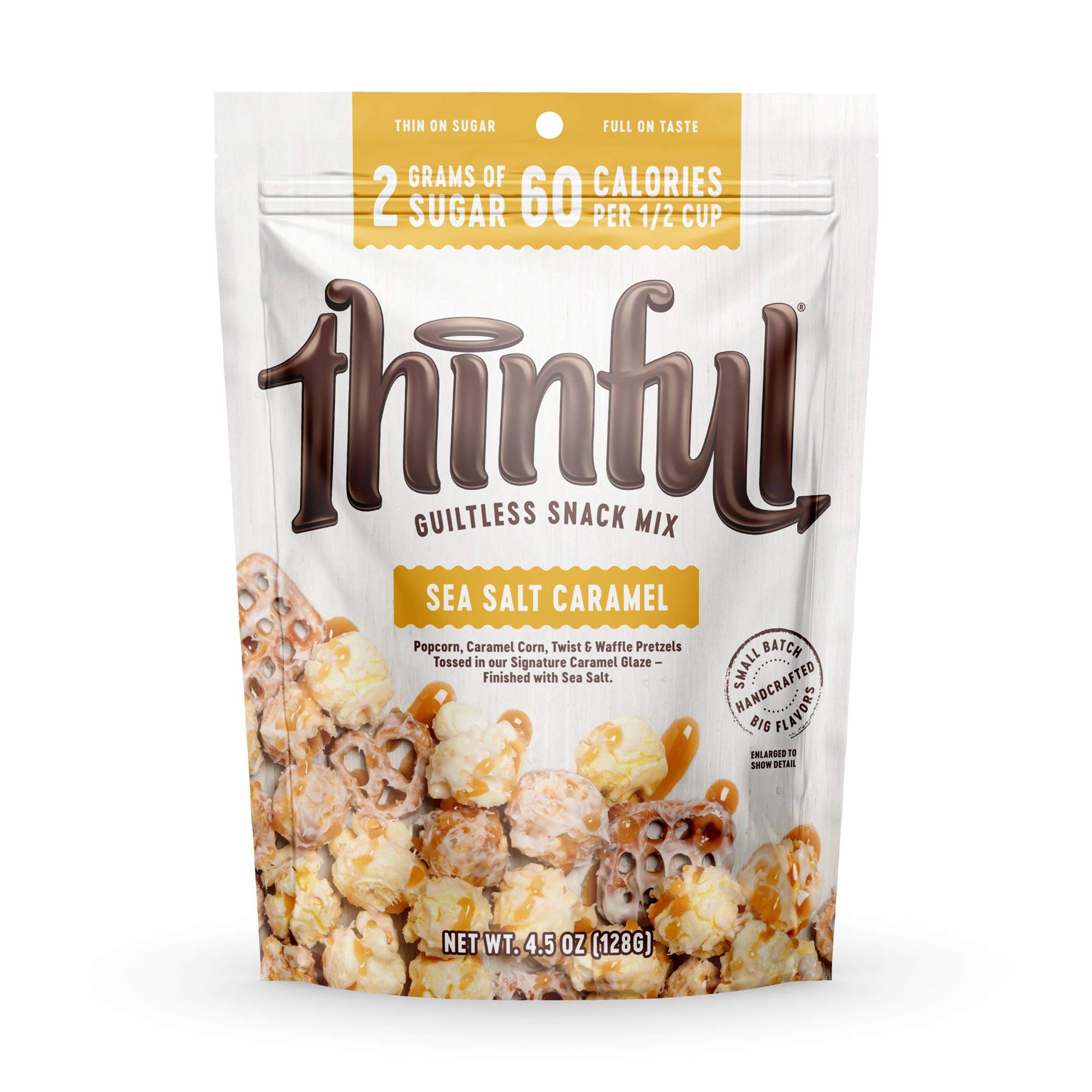 Thinful Sea Salt Caramel Gourmet Popcorn, Caramel Corn, and Pretzel Snack Mix, a Sweet and Salty Treat without the Guilt, Made with Stevia Blend, (1) 4.5 oz bag