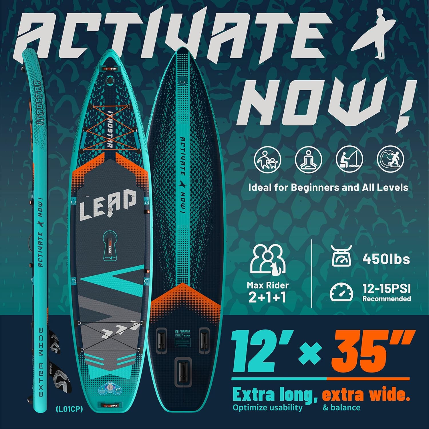 Lead 12'×35"/11'×33" Inflatable Stand Up Paddle Board - Premium SUP Board Kit with 5 Fins - Ultra Stable Wide Paddleboard for Adults & Youth - All Skill Levels - for Lakes, Oceans & Fishing - Image 2