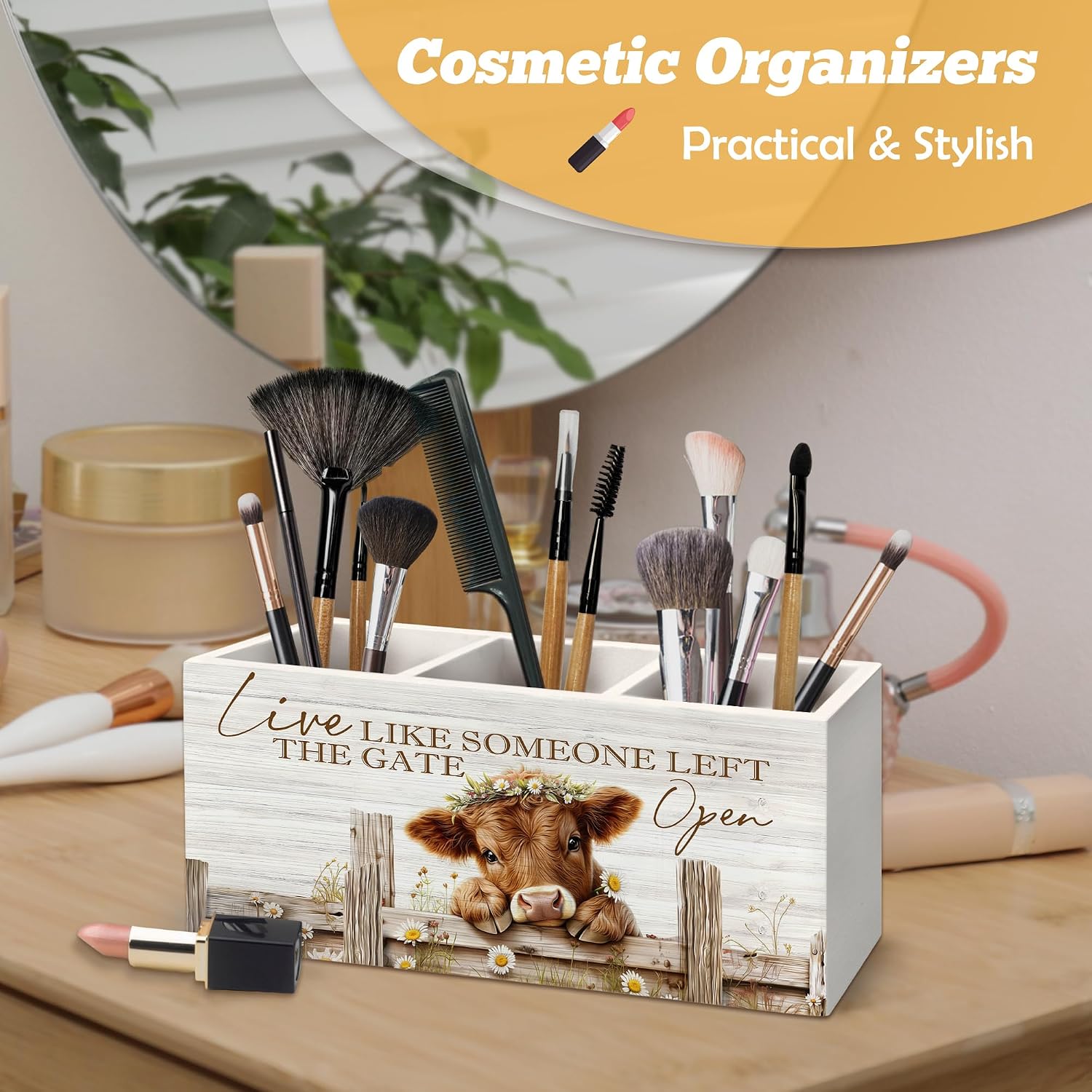Inspirational Highland Cow Pen Holder Organizer for Desk Accessories, Live Like Someone Left the Gate Open Wooden Box Sign Desk Decorations for Home Bedroom Office Decor, Highland Cow Gifts image 3
