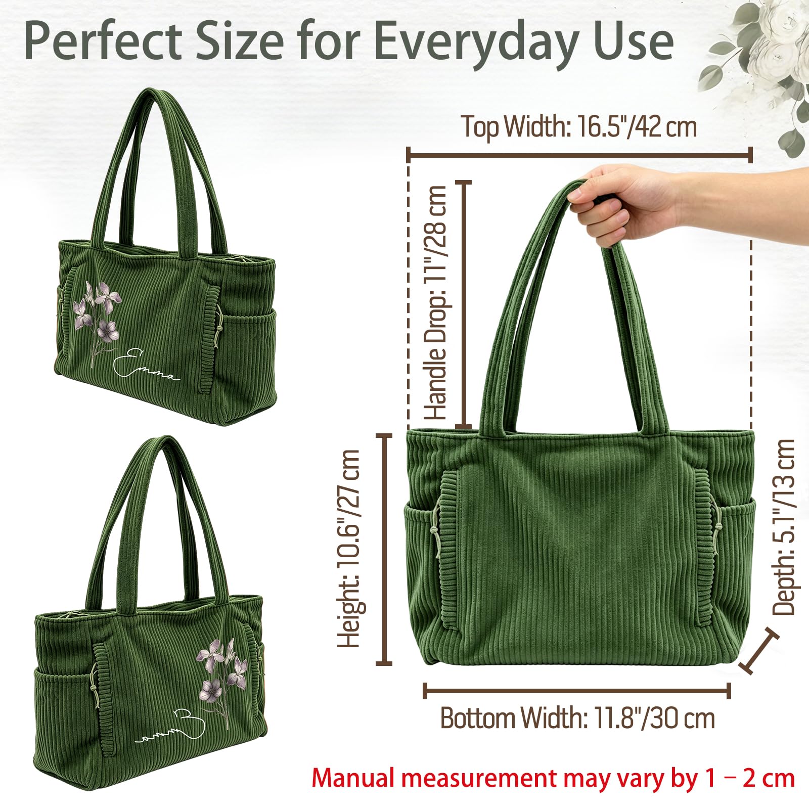 Bolsa de mano de pana personalizada para mujer, bolsa de hombro con cremallera de gran capacidad y bolsillos laterales
