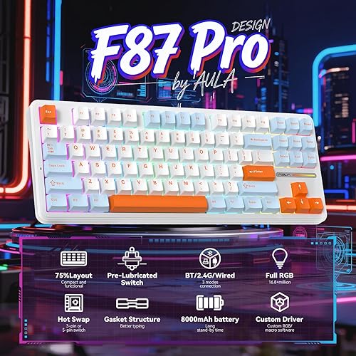 Miniatura 2 de Aula F87 Pro Wireless Mechanical Keyboard, Tri-Mode Bluetooth2.4GUSB-C Hot-Swappable RGB Gaming Keyboard, Gasket Mount, 4000mAh, for WindowsMac