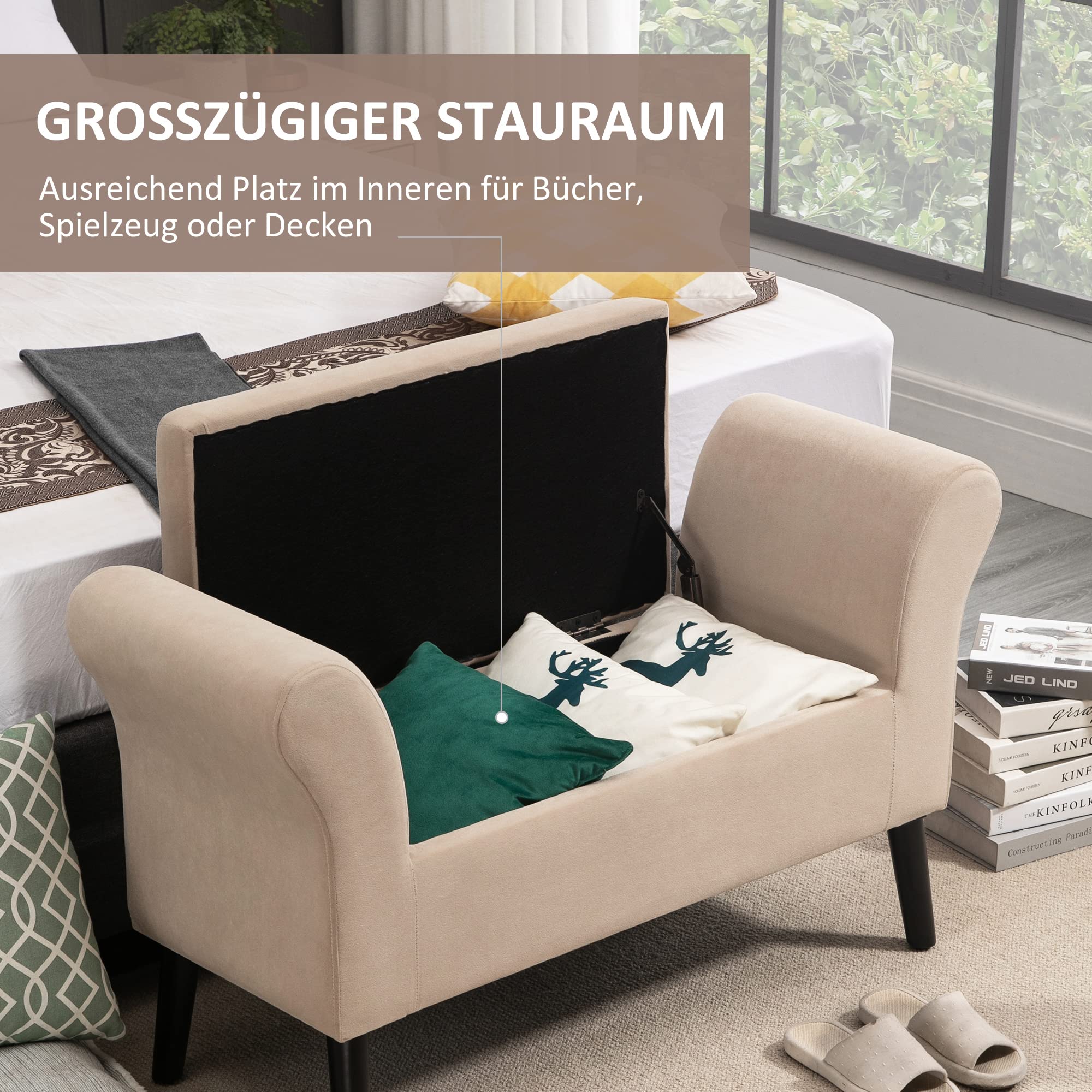 HOMCOM Sitzbank mit Stauraum mit Samtoptik 111,5 x 41 x 65 cm Beige | Polsterbank, Bettbank mit Holzbeine, Bank für Wohnzimmer Schlafzimmer Flur