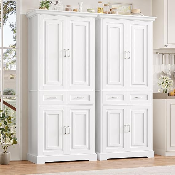 FirFurd Kitchen Cupboard Tall Kitchen Cabinet Freestanding Pantry Cupboard | Larder Cupboard, Sideboard Storage Cabinet with 4 Doors 2 Drawers for Living Room Dining Room Bathroom 80x39.5x180.5cm
