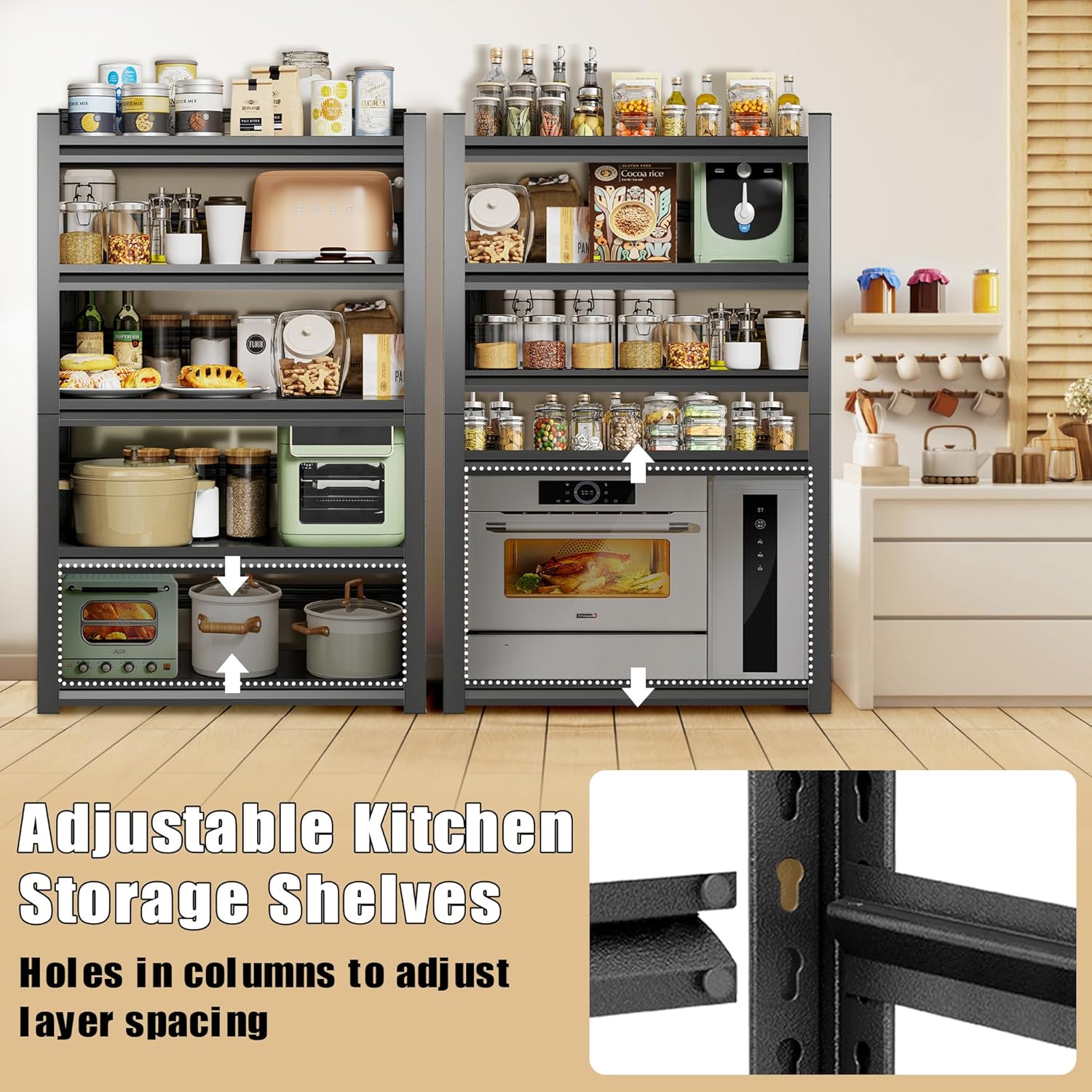 Kitchen Storage Shelves with 2000 LBS Load Capacity, Waterproof and Rustproof Metal Shelf, Adjustable Multi-Functional Kitchen Microwave Oven Shelf, 15.8''D*35.4''W*72''H, Black