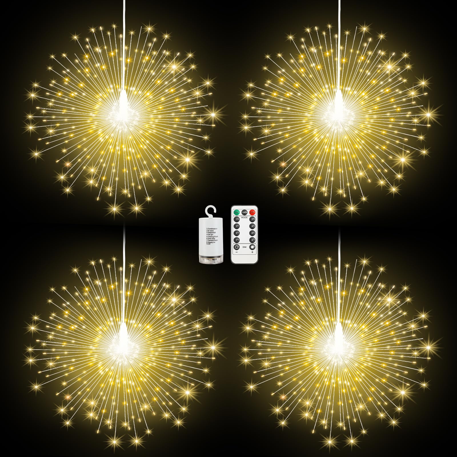 Lewondr Luci Fuochi D'Artificio Natalizi, 4PCS Luce Appendibili Fate Con Telecomando, 200 Luci LED, 8 Modalità, Luce A Stringa Stelle Impermeabili Per Interni Esterni Decorazione, Bianco Caldo