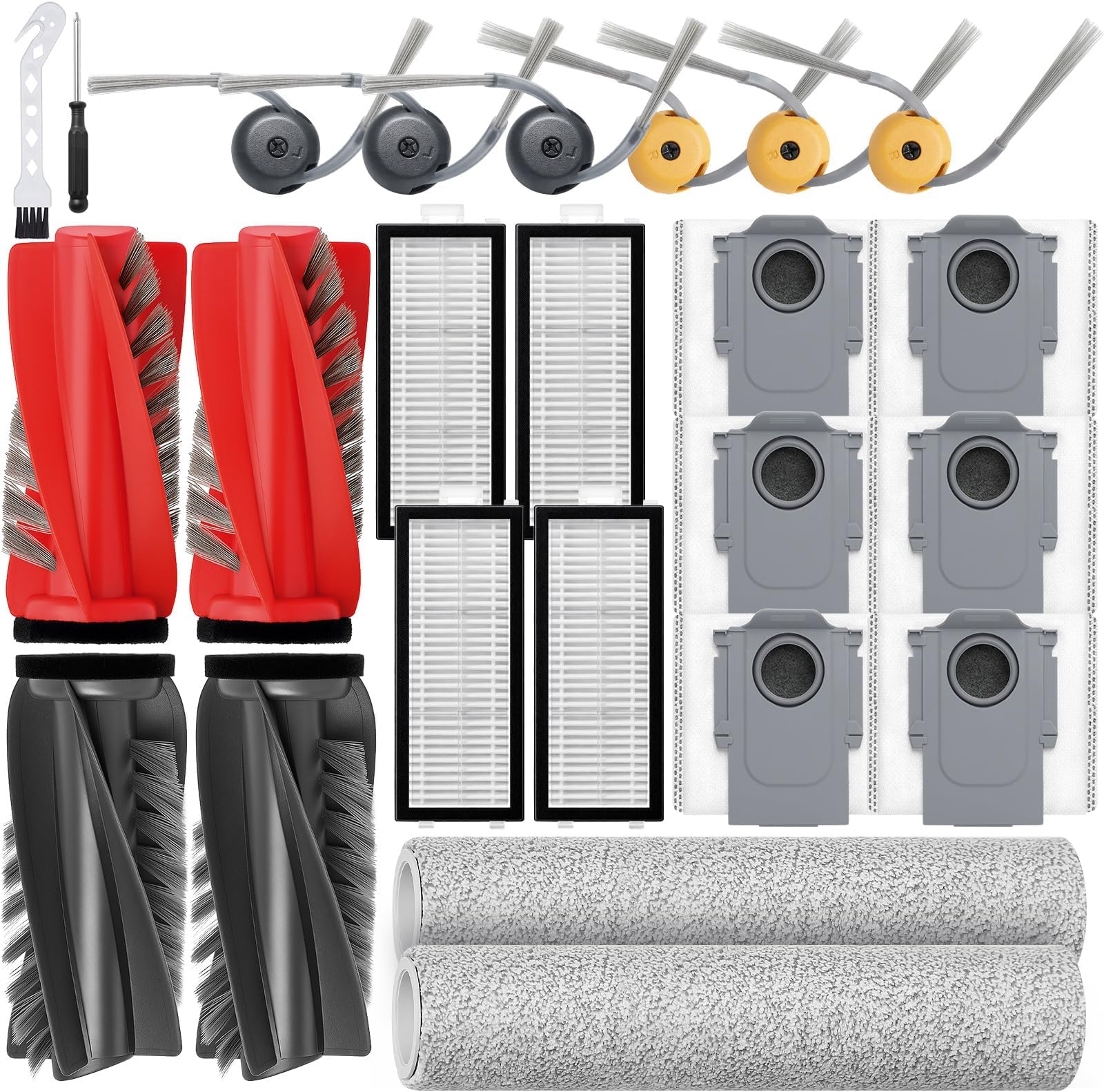 Roller Brush and HEPA Filter Replacement Compatible with Roborock Qrevo Curv 2 Flow Robot Vacuum Cleaner,4 Main Brush,2 Roller Mop Cloth, 4 HEPA Filter,6 Side Brush,6 Dust Bag,Accessories Parts Kit