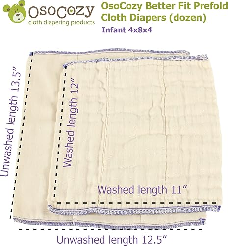 Miniatura 3 de OsoCozy Better Fit - Pañales de tela preplegados sin blanquear, 100% algodón, tejido de gasa, tamaño para tres plegados, tamaño 1 (bebé de 4 x 8 x 4