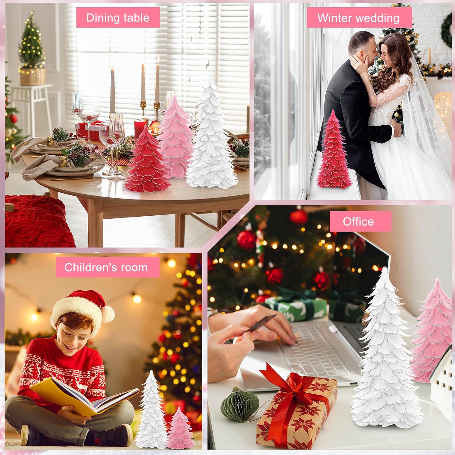 6 Pcs Christmas Feather Tree with Glitter Tips Tabletop Feather Xmas Tree Centerpieces Table Desk Christmas Decorations for Home Winter Wedding Party, 6", 8", 12"(Pink,Silver) - Image 7
