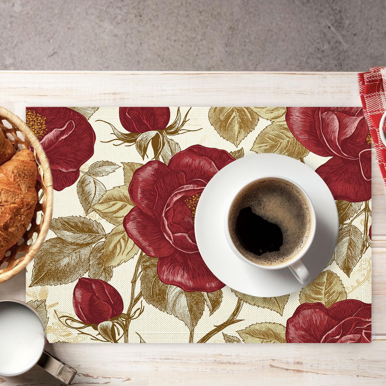 8 Pezzi Tovagliette Americana Floreale retrò - Tovaglietta Americane in Cotone e Lino Rose rosse Lavabili Sottopiatto per Sala da Pranzo Tavolo da Cucina 45 ×30 cm