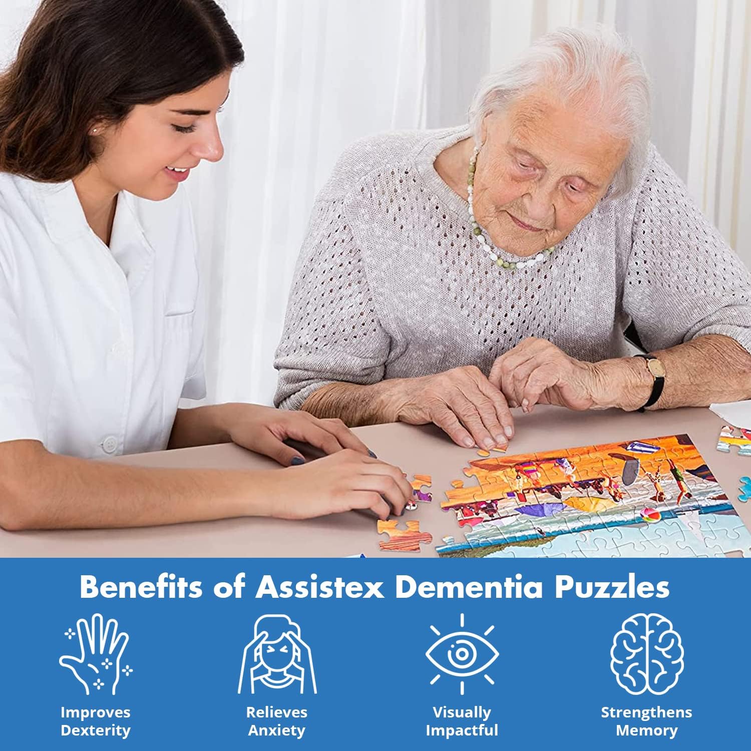 Assistex Large Piece Jigsaw Puzzle for Seniors with Dementia with Conversation Prompts, Large Piece Memory Game for Adults, Elderly, and Dementia Patients – Beach Puzzle, 63 pcs