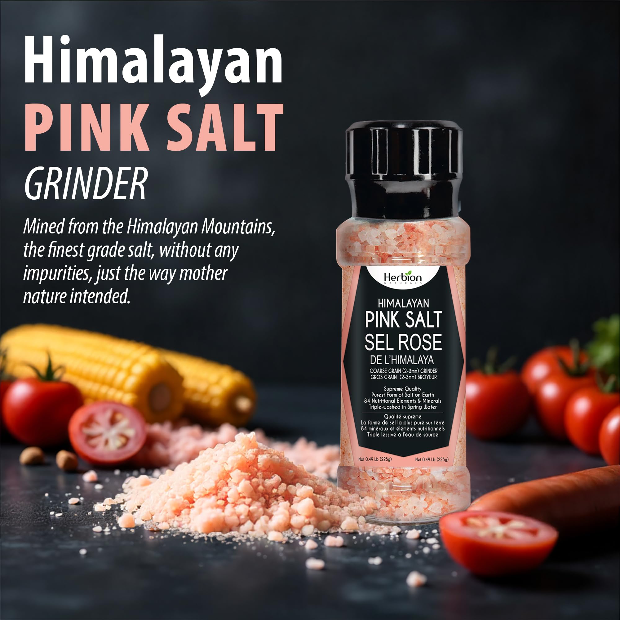 Herbion Naturals Himalayan Pink Salt Grinder a grana grossa, 225 grammi, facile da usare, qualità suprema, forma più pura di sale (confezione da 1)