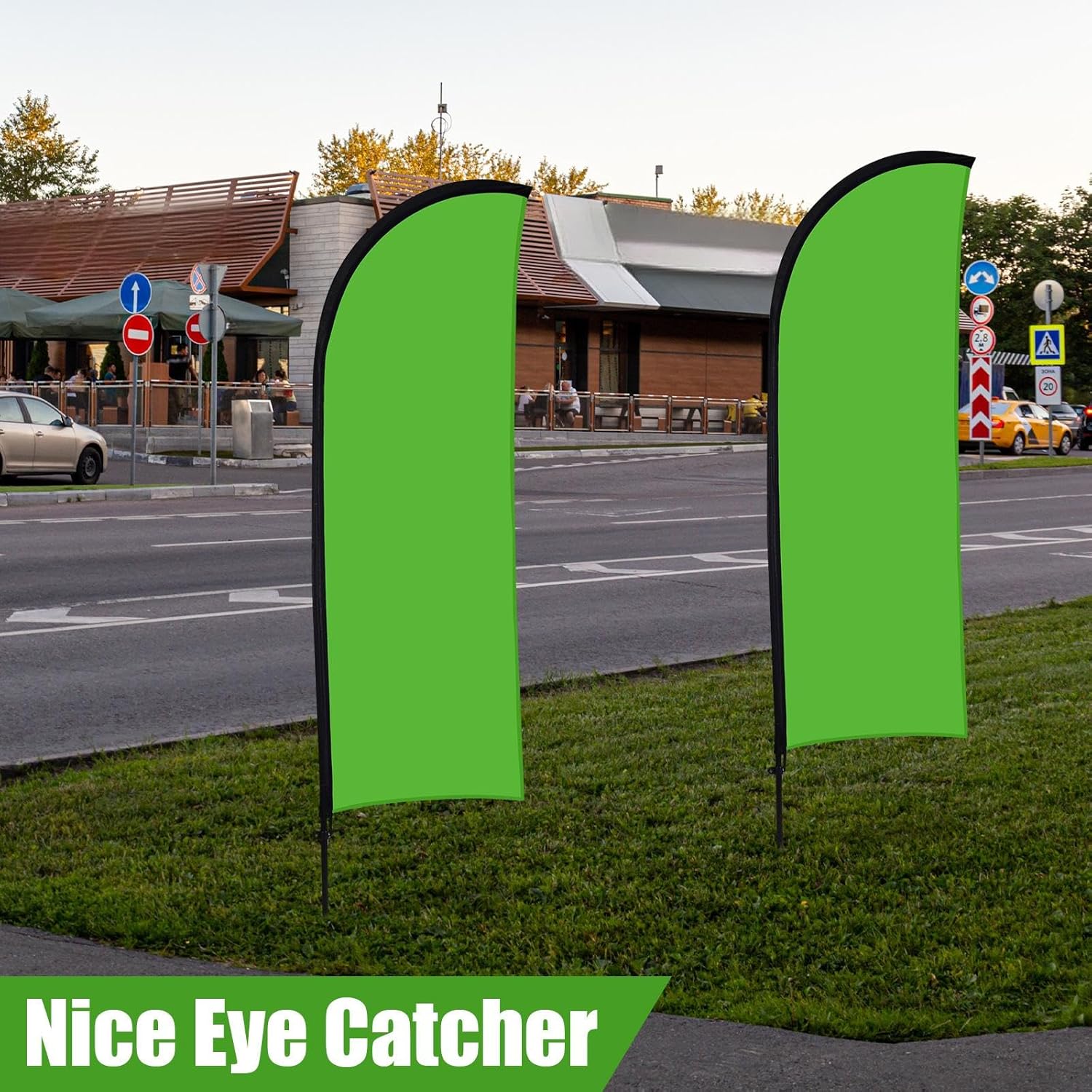 Buryeah 2 Sets Solid Green Feather Flag Pole Kit for Business Advertising, 7 ft Green Flag Banner Sign with Pole Ground Stake and Portable Bag for Outdoor Business and Events Promotion