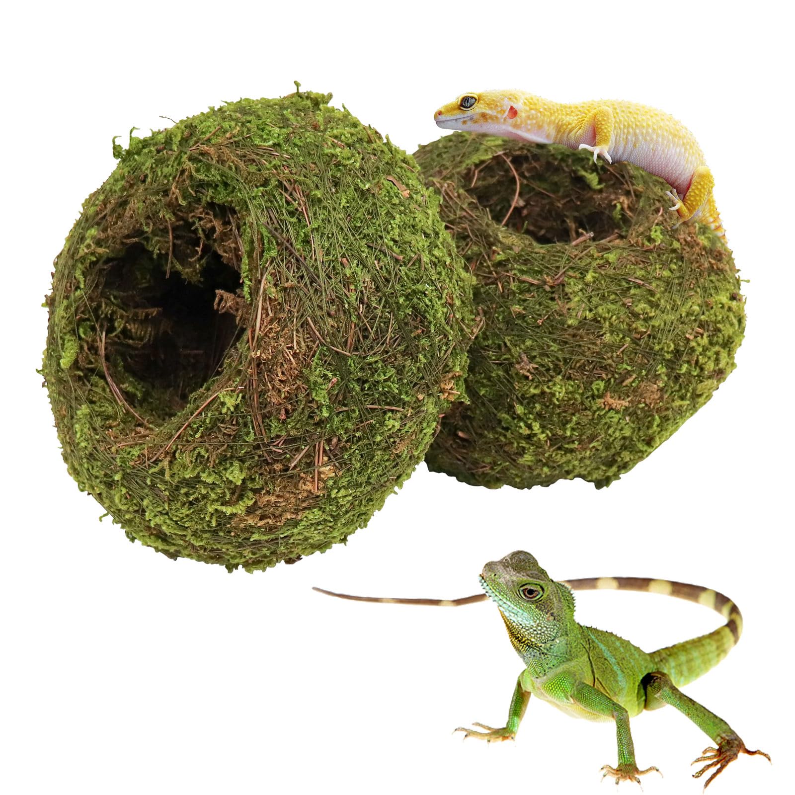 2 Pack Lizard Hides Cave, Green Moss Reptile Hideout, Tank Aquarium Habitat Decor Accessories, Suitable for Reptile Hermit Crab Lizard Chameleon