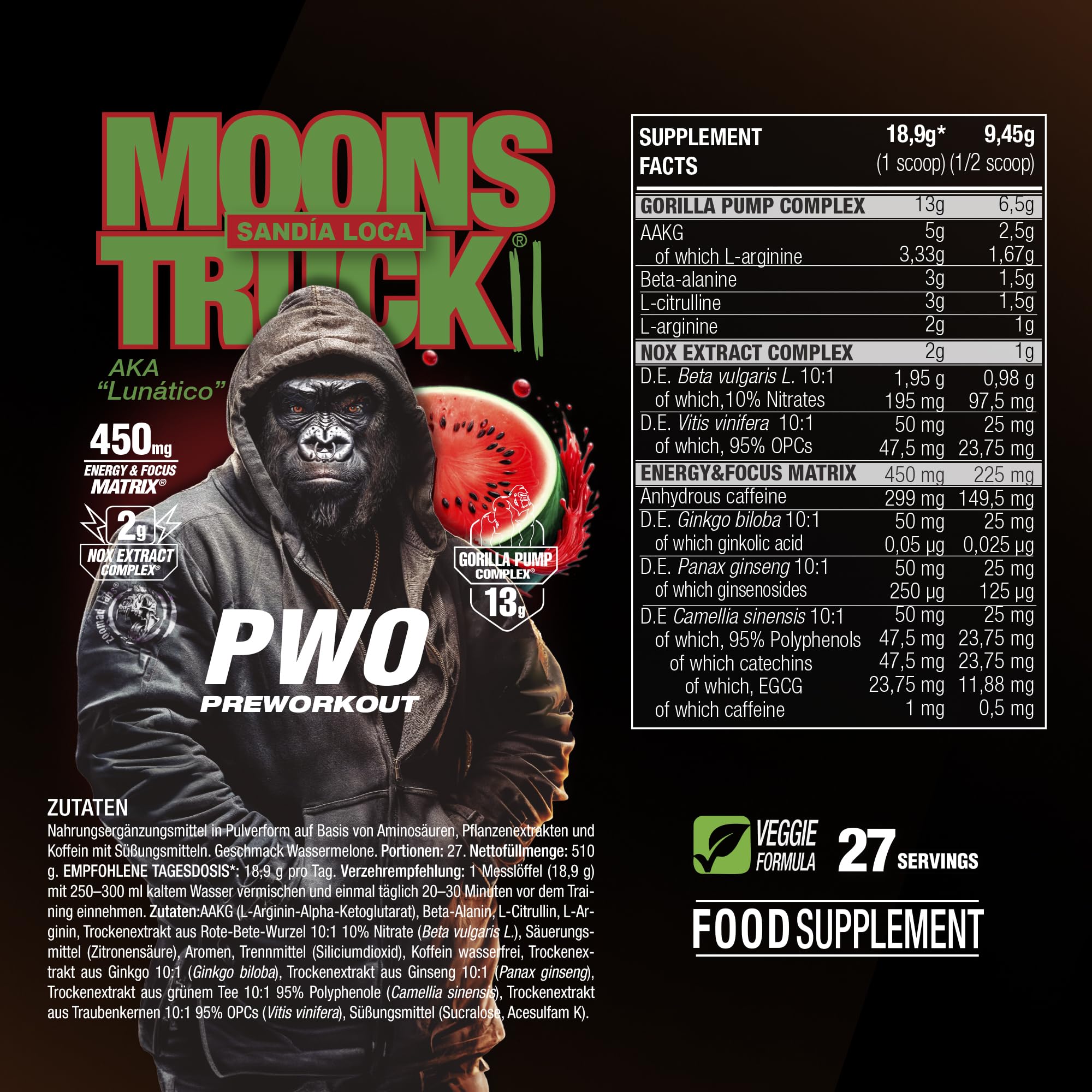 Zoomad Labs | Moonstruck II Pre Workout Booster mit Koffein Wassermelone | Gorilla Pump 13 g · Citrullin · AAKG · Arginin | 299 mg Koffein | 510 g · 27 Portionen