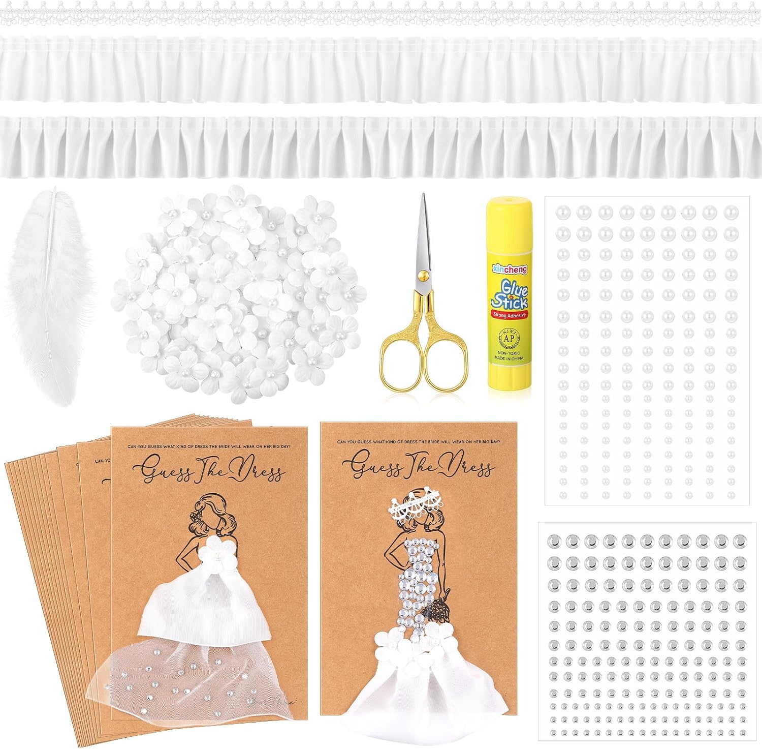 Suncalla 30 Sets Guess the Dress Bridal Shower Games for Guests Include Wedding Shower Games Cards Pearl Gem Stickers Feather Cloth Scissors for Christmas DIY Ideas Supplies Wedding Party Favor