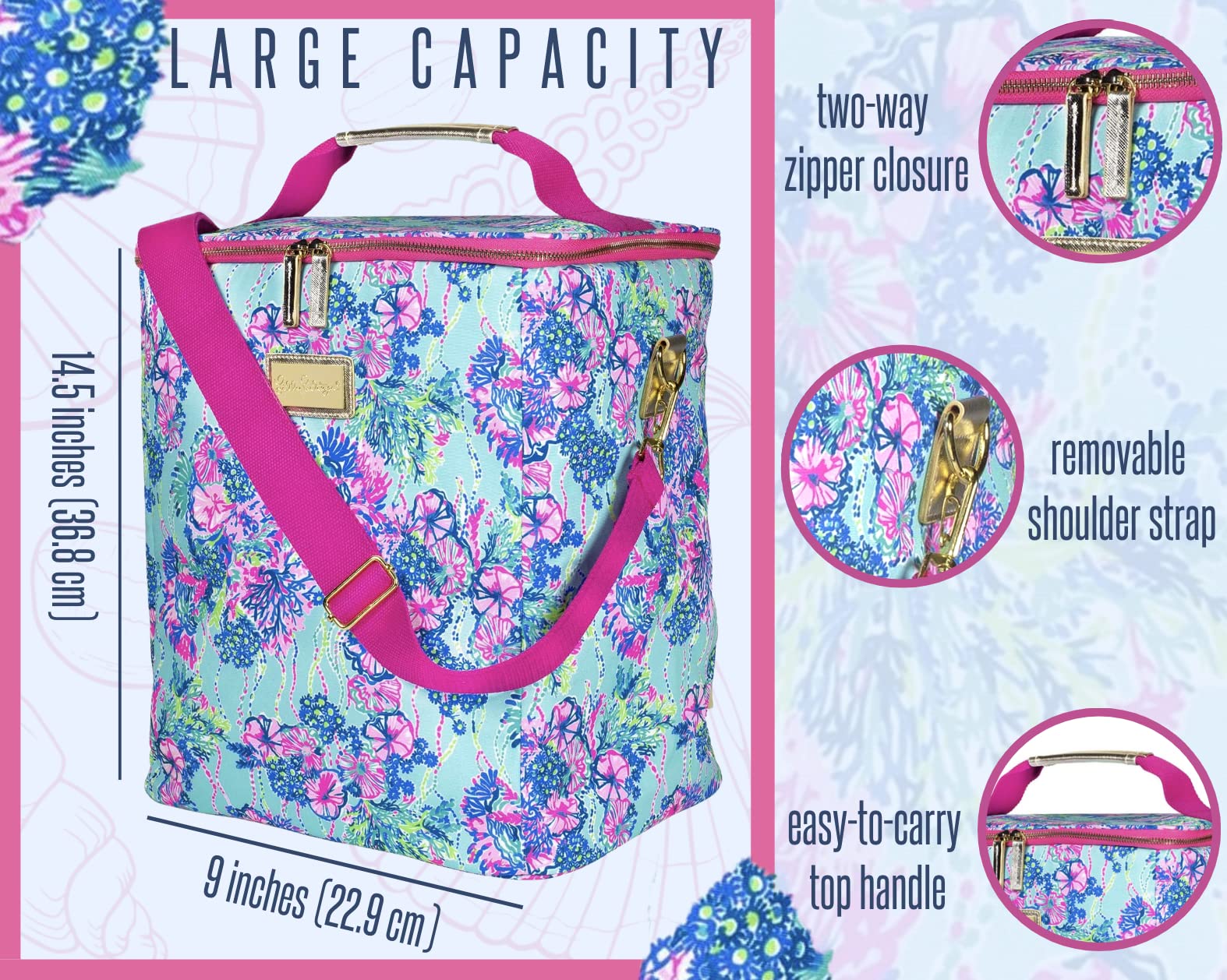 Lilly Pulitzer Insulated Wine Carrier Soft Cooler with Adjustable/Removable Strap and Double Zipper Close, Holds up to 4 Bottles of Wine, Beach You to It — Amazon image 4