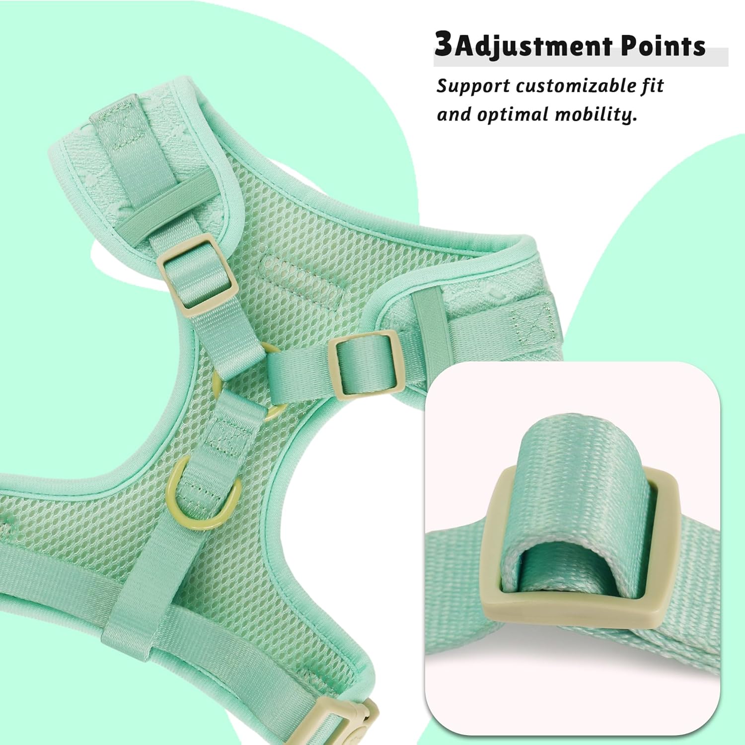 Silk Embroidery Dog Harness with D-Ring Leash Clip Set,Adjustable Soft Padded and Cotton Fabric Pet Vest for Medium and Small Dogs (Mint, Medium)