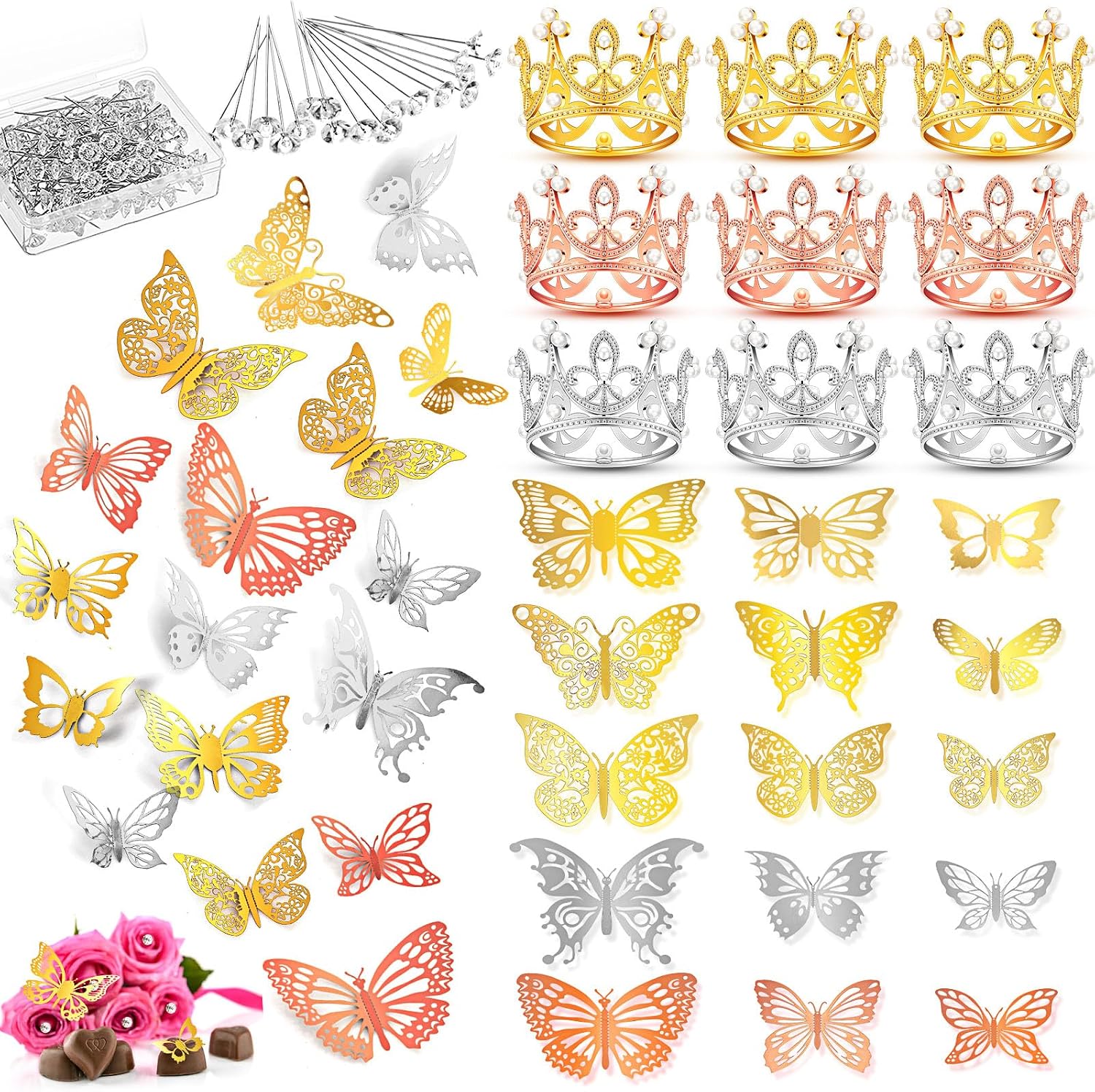 Seajan 269 Pcs Flower Bouquet Accessories 9 Mini Crown Cake Topper 60 3D Colors Butterflies 200 Corsage Bouquet Pins for Wedding Birthday Mother's Day DIY Flower Arrangements Craft