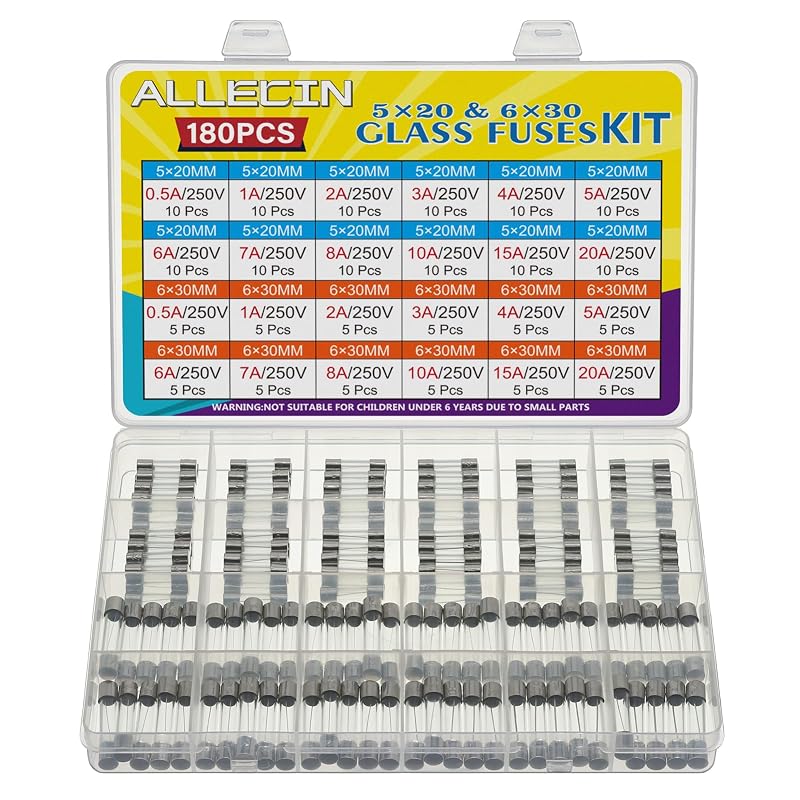 Kit de Fusíveis de Vidro de Ação Rápida ALLECIN 250 V – 24 Valores, 5 x 20 mm e 6 x 30 mm