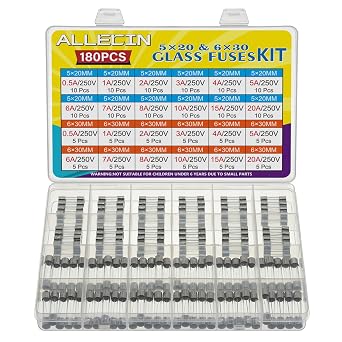 24 Values 250V Fast Blow Glass Fuses Assortment Kit 0.5A 1A 2A 3A 4A 5A 6A 7A 8A 10A 15A 20A 5X20MM 6X30MM 0.5 1 2 3 4 5 6 7 8 10 15 20 Amp 250 Volt Quick Tube Fuse Set