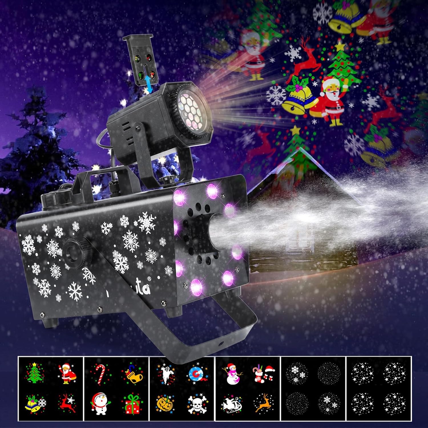 HAKUTA Macchina della neve 800W aggiornata con 8 luci LED RGB, proiezione LED e 2 telecomandi wireless, perfetta per Natale, Halloween, feste, matrimoni e DJ Stage